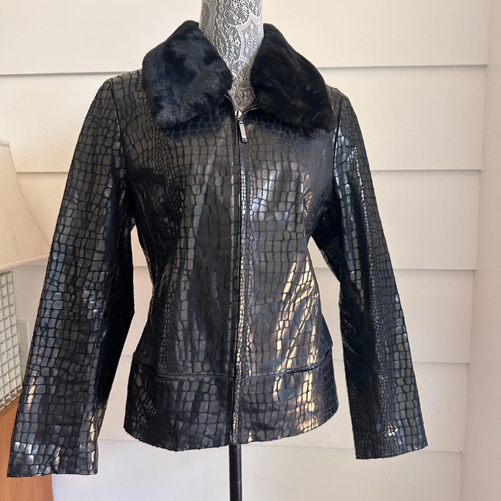 Y2K Black Leather Jacket with Faux Fur Collar by Bradley Bayou