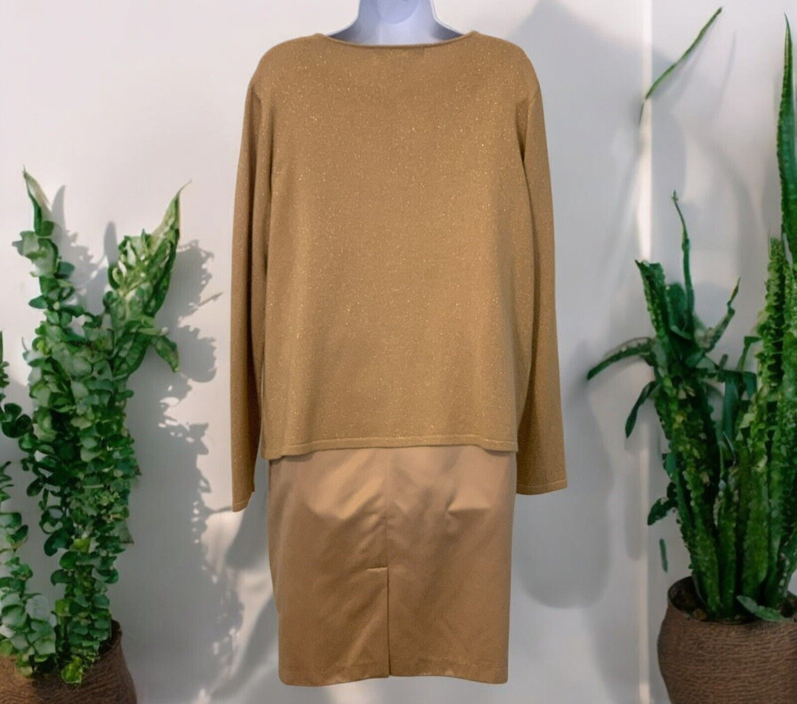 Victoria Holley Womens 2 PC Dress Set Size 14 Gold Silk Blend Matching Cardigan