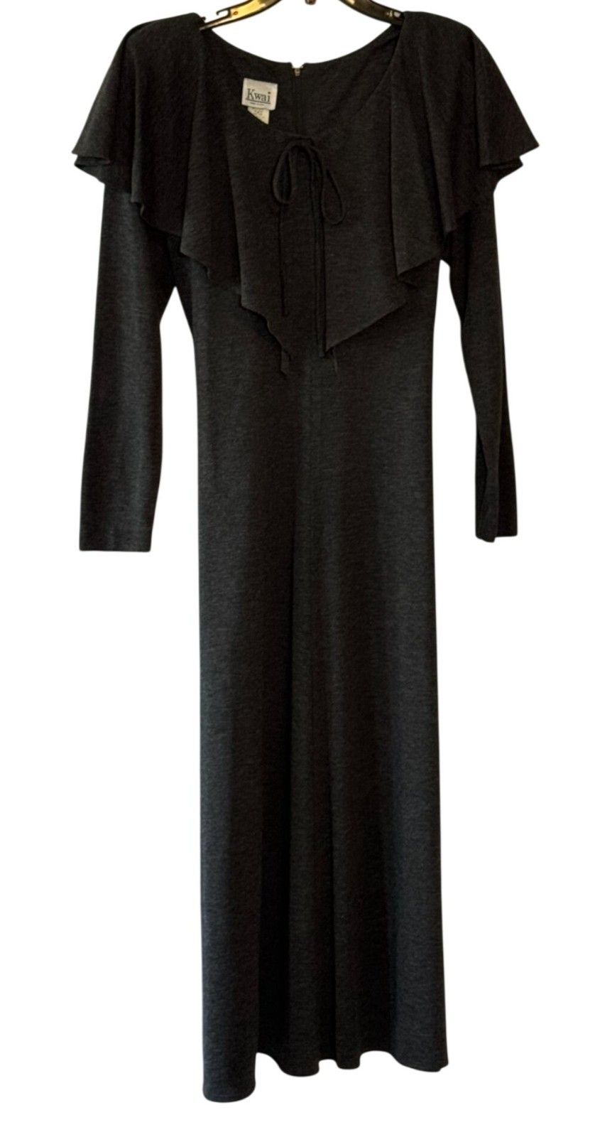 Vintage 70s Kwai Gray Knit Maxi Dress Ruffle Cape Collar Long Sleeve Size 12