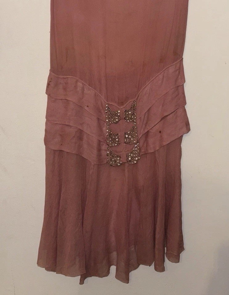 RARE *AS-IS* Antique 1920’s Pink Flapper Sheer Silk Dress With Rhinestone Belt