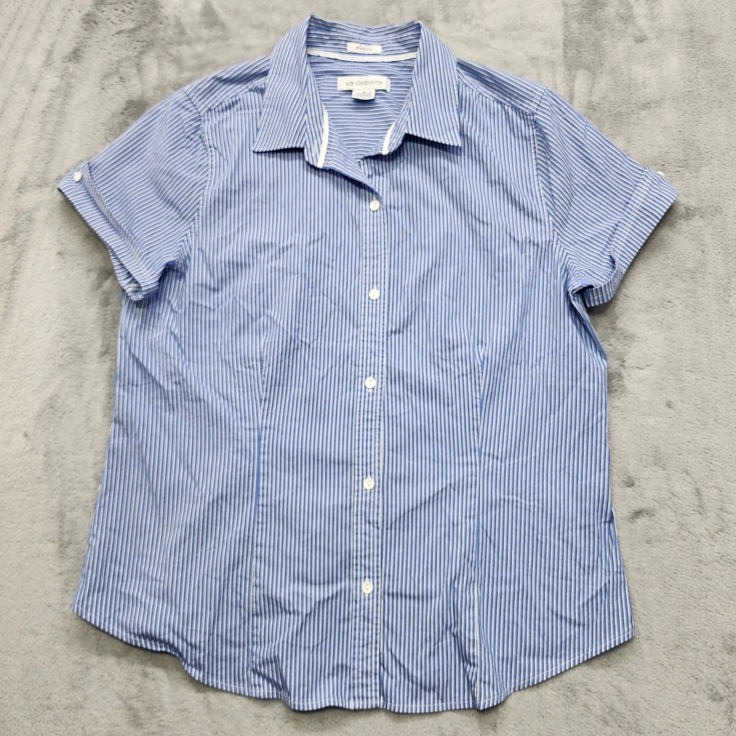 Vintage 90s Liz Claiborne Top Womens M Blue Striped Stretch Cotton Button Down