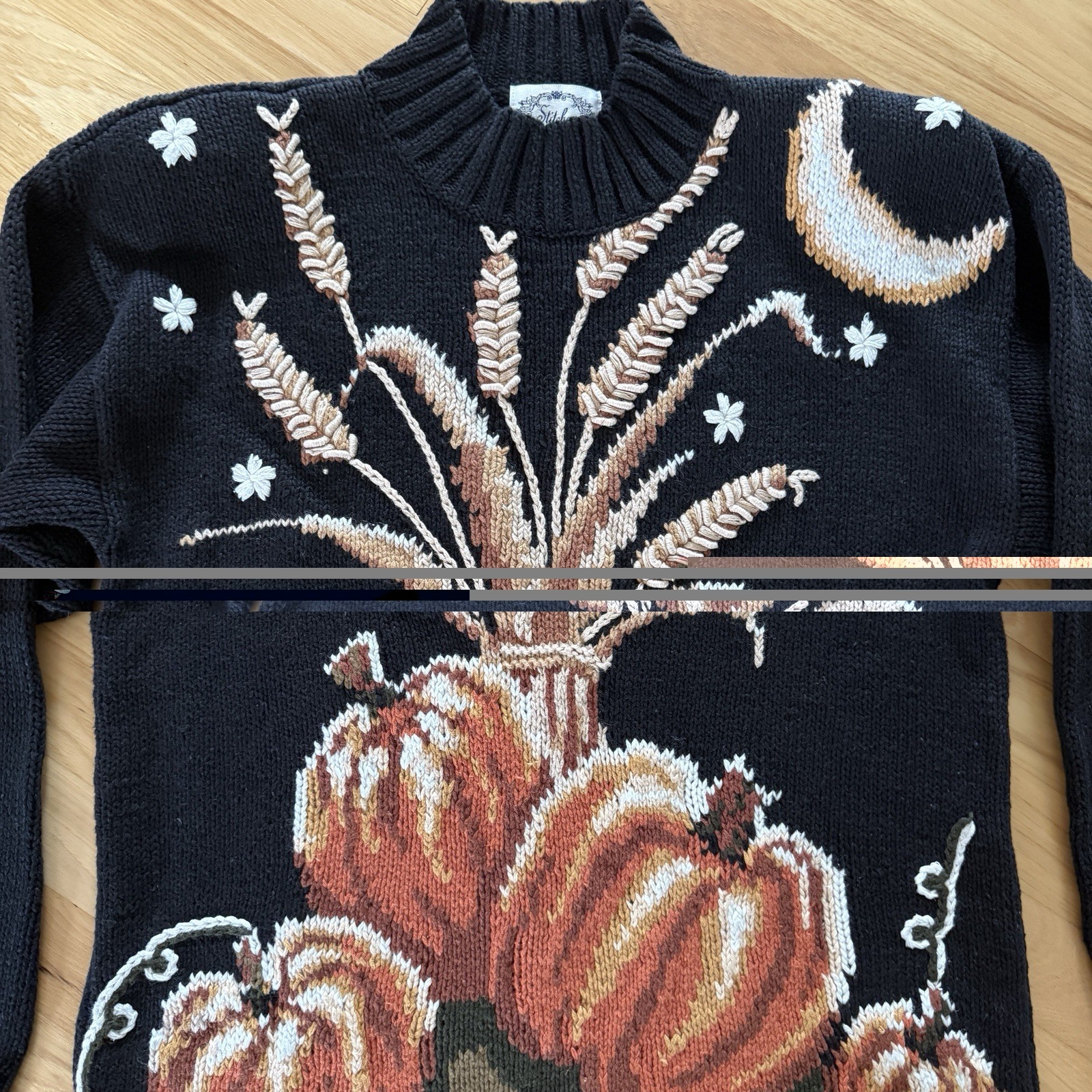 Stitches In Time Black Chunky Knit Embroidered Fall Harvest Sweater Women’s S