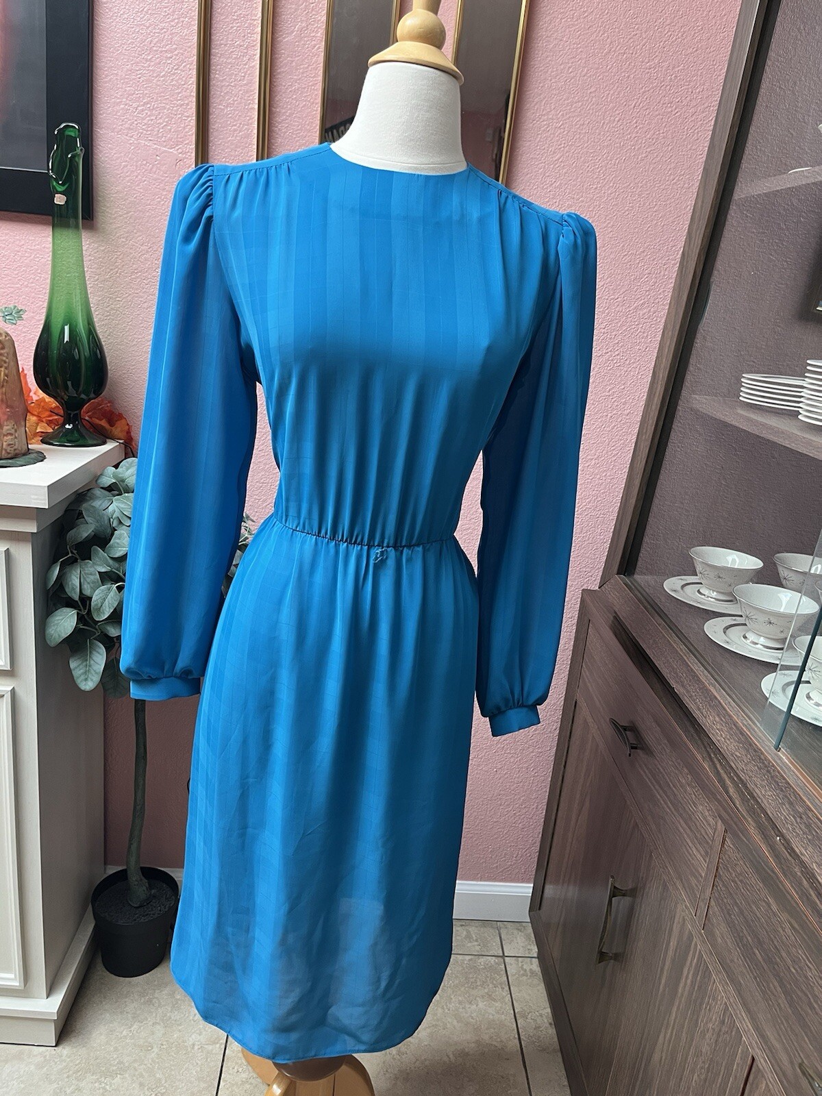 80s Vintage Alison Peter’s Gingham Light Blue Dress | Size L