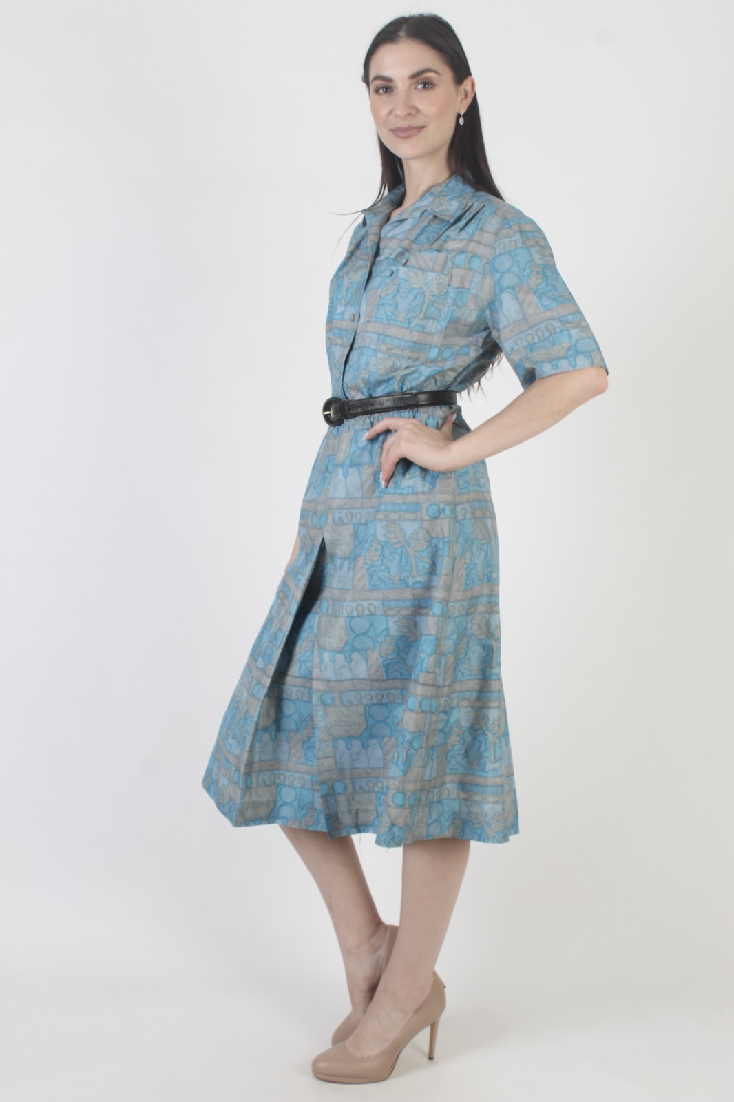 Vtg 60s Thai Silk MCM Dress Mid Century Mod Rockabilly Asian Ancient Print
