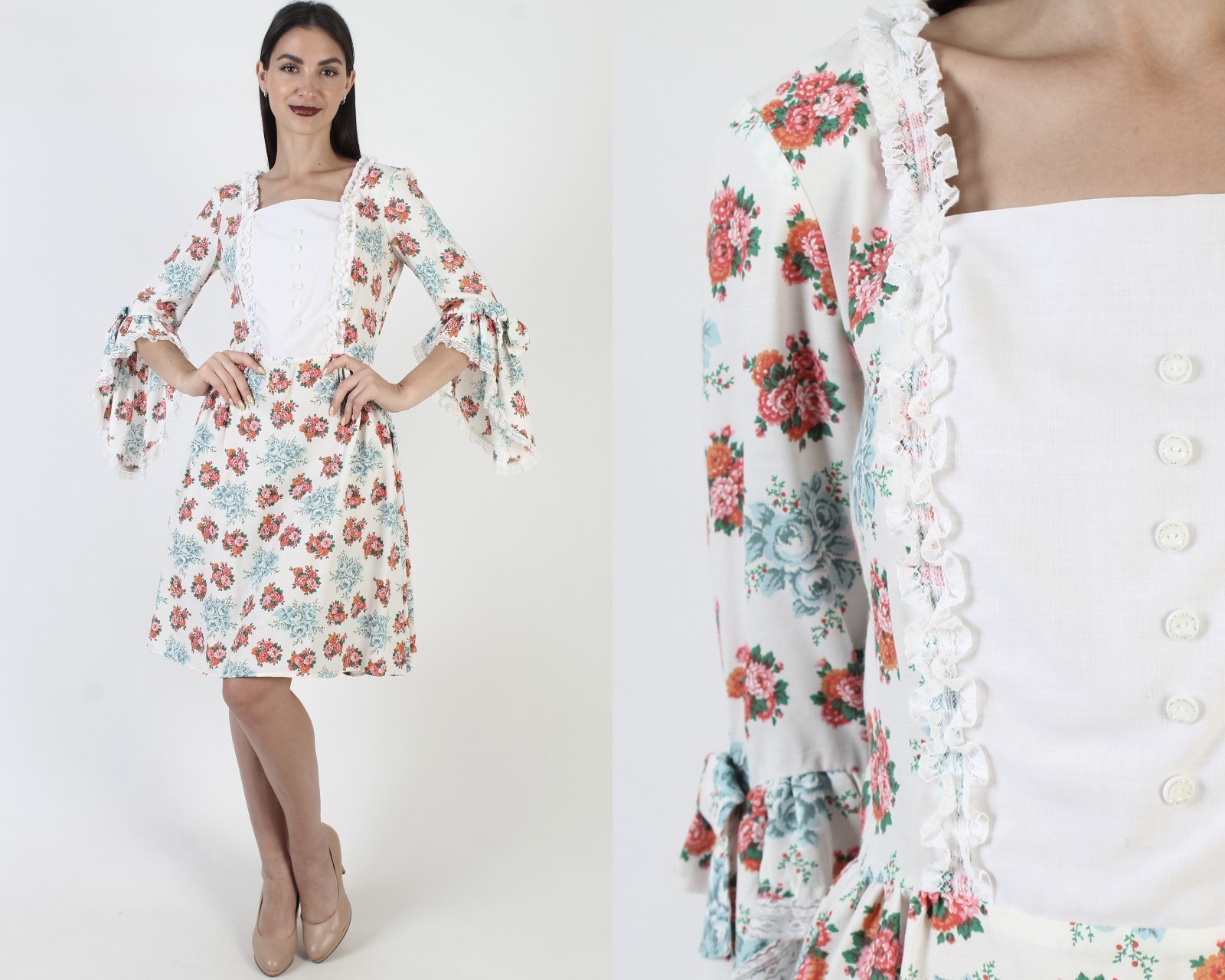 Vintage 70s Romantic Country Folk Dress Floral Prairie Trumpet Slv Homespun Mini