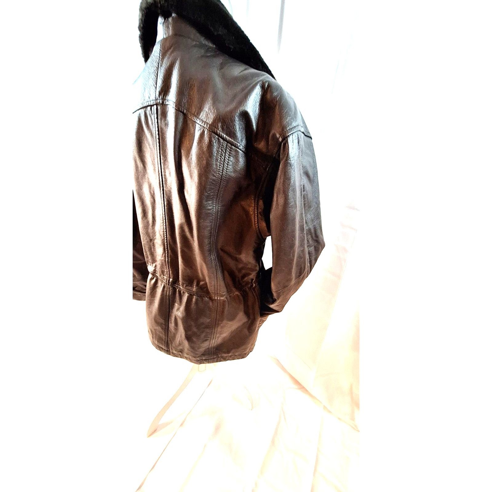 Donna Pelle Vintage Brown Leather Coat Faux Fur Collar Size S