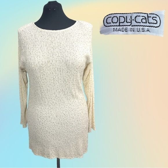 VTG Ivory w/ Gold metallic Dots COPY CATS Long Sleeve Crinkle Mini Dress L/XL