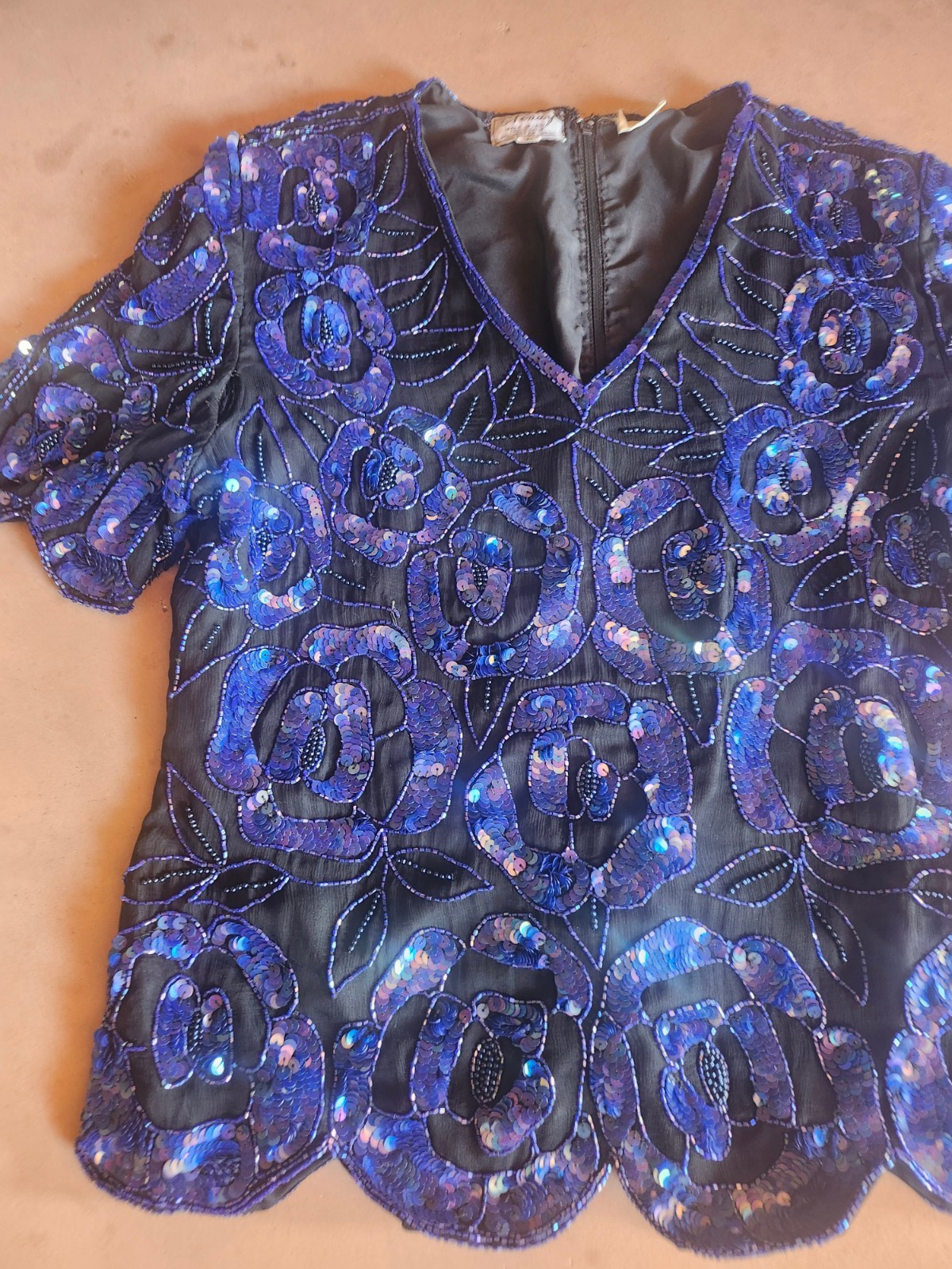 Vintage 80s 1980’s Blue Silk And Sequin Glam Blouse Top Shirt Sz L Fits M PARTY