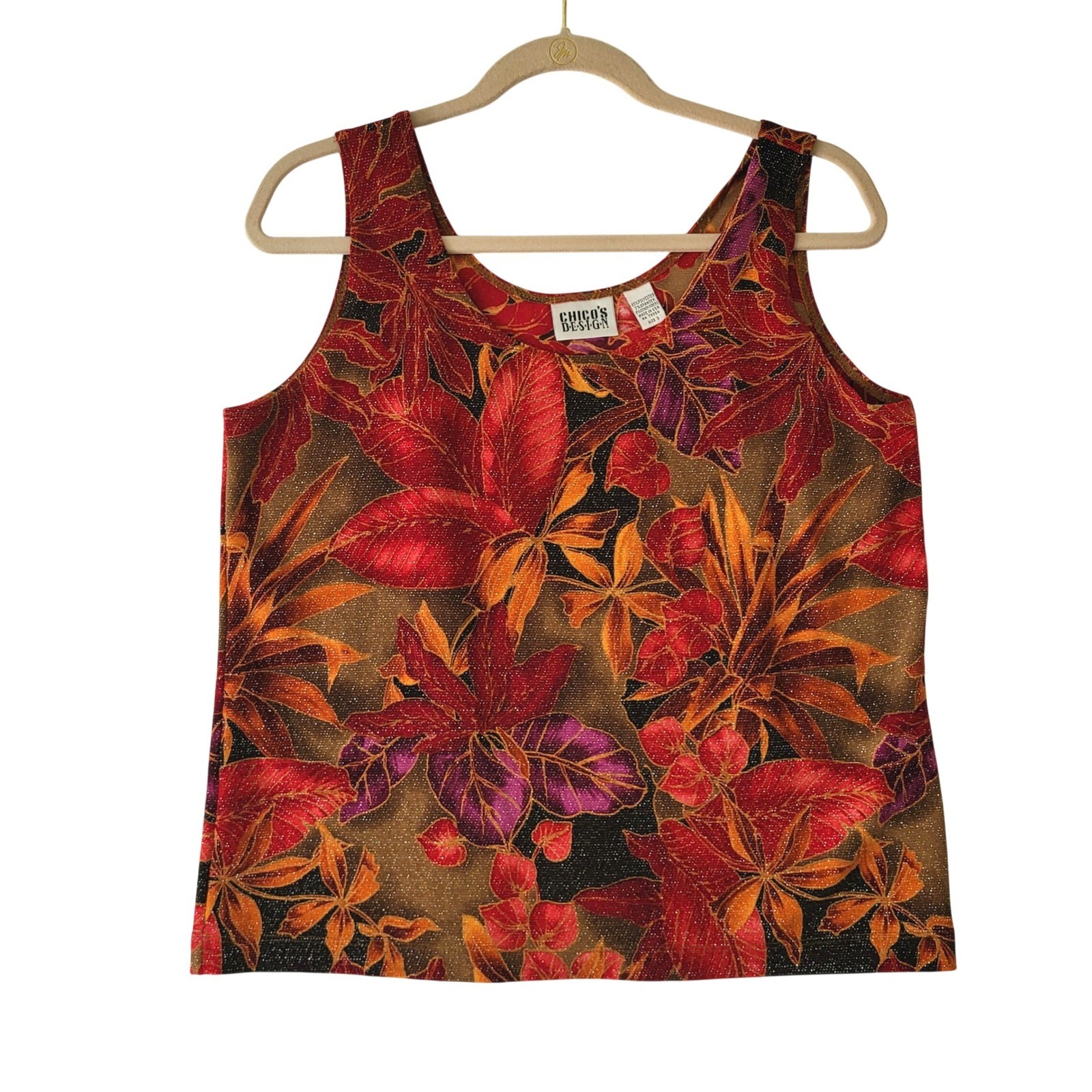 Vintage Chico’s Design Top Size 3 = XL Sparkle Shimmery Tropical Floral Tank