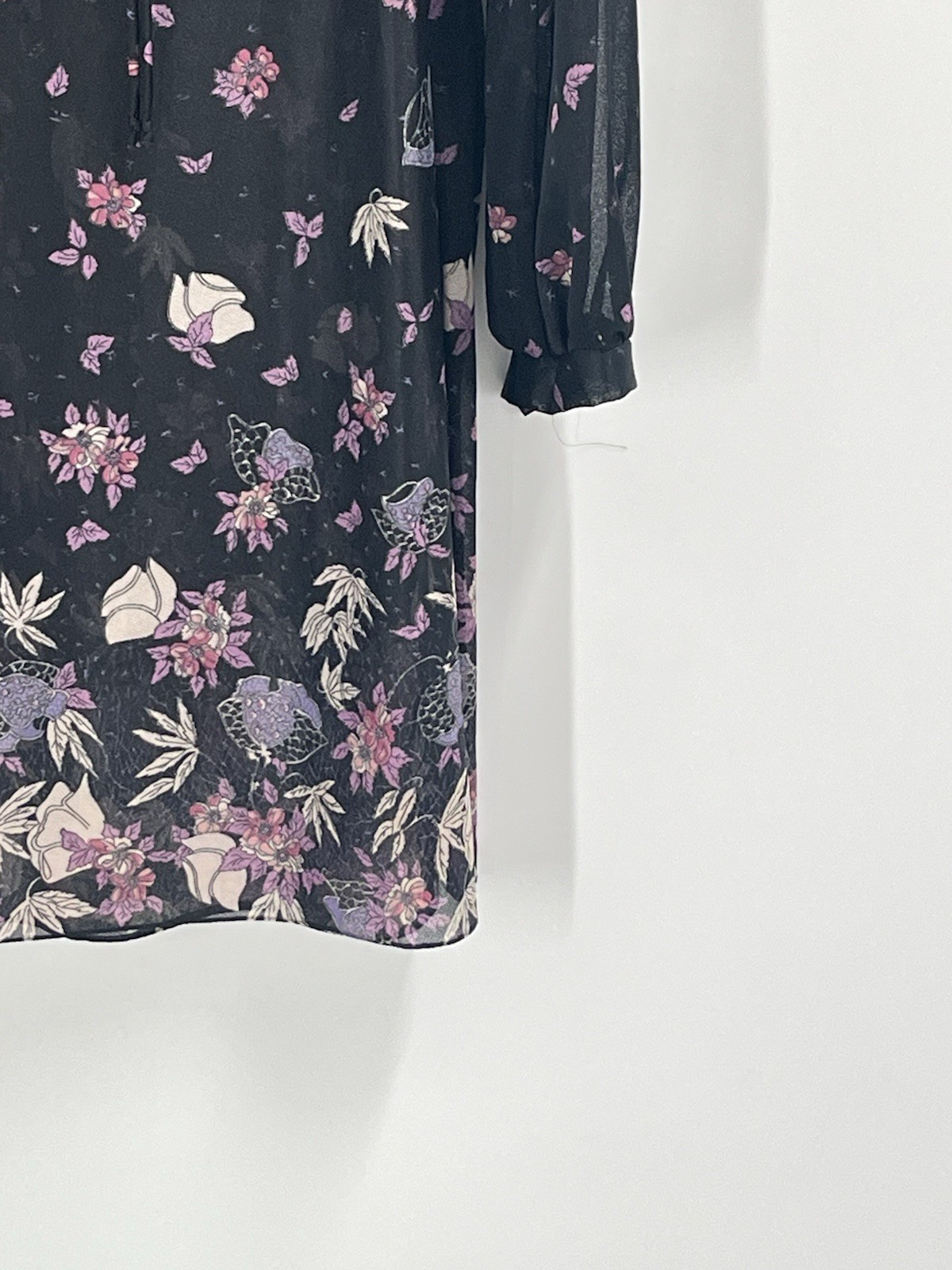 Vtg Sheer Black Floral Dress Sz 14 USA Made Purple Pink Print Praire Grunge