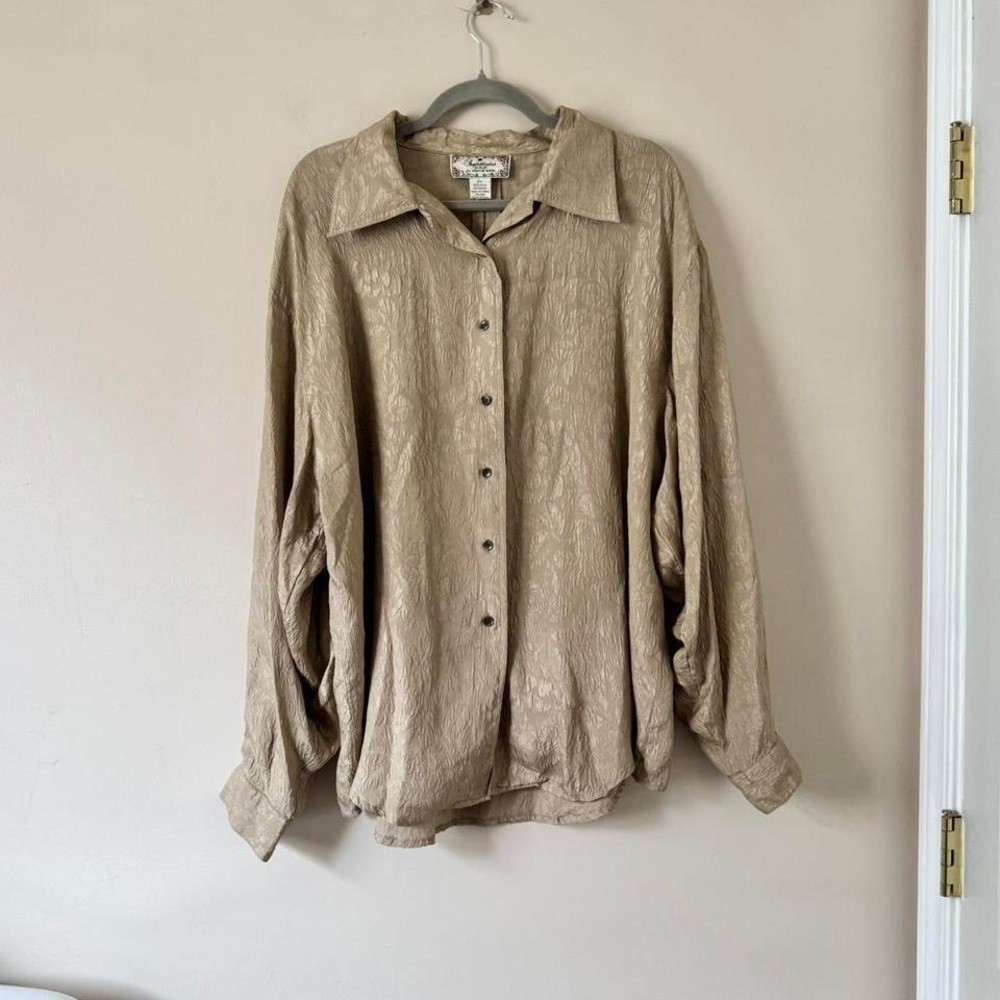 Vintage Taupe Silk Blouse 2XL flower button up brown tan