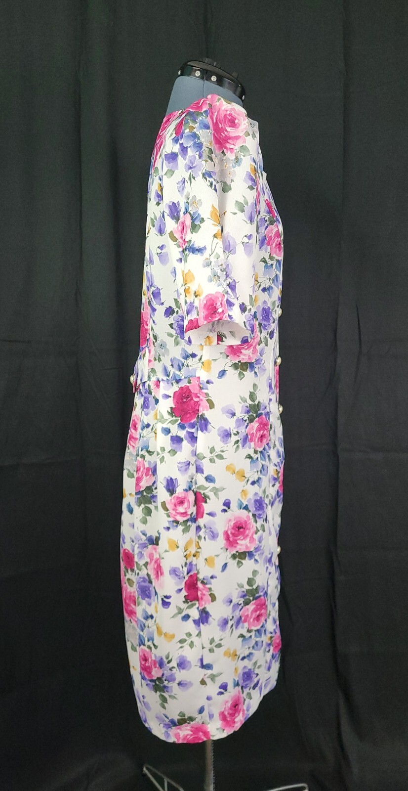 Vtg Caroline Wells White Floral Princess Seamed Shift Dress w Buttons Size 14