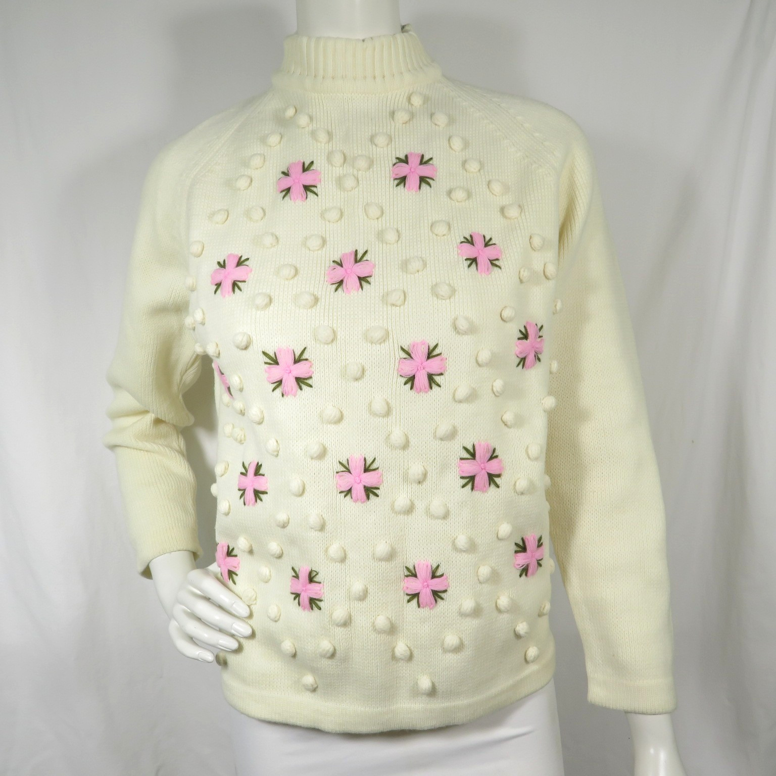 Vintage 1960s Knit Sweater Womens Ivory with Pink Flowers Carol Brent
