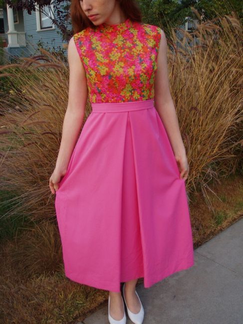 VTG 60s 70s Hostess DRESS MOD Bright PINK Petite Floral Long Gown S/M