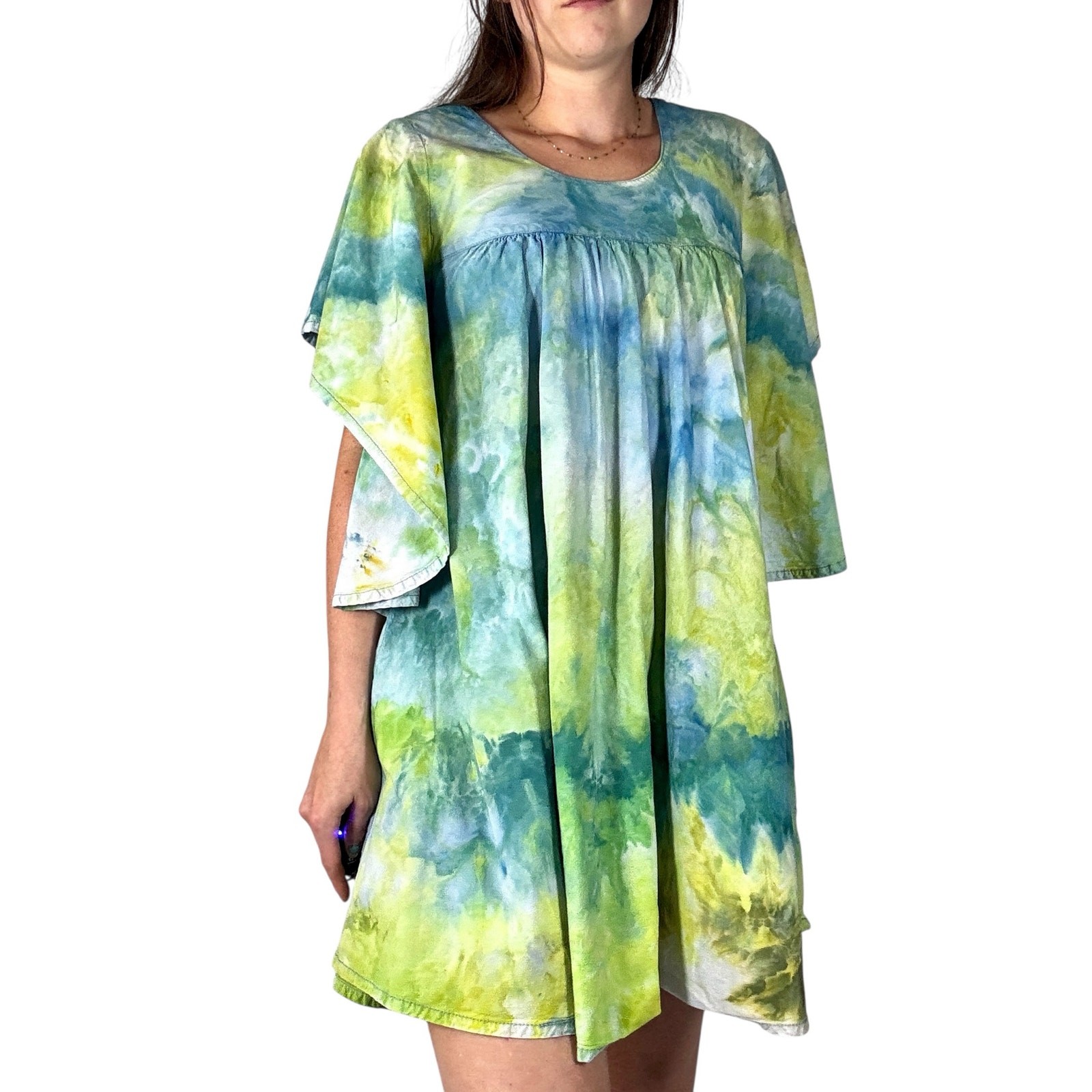 Hand Dyed Vintage 1990s Lucky Brand Ice Dyed Mini Dress Blue Green Small