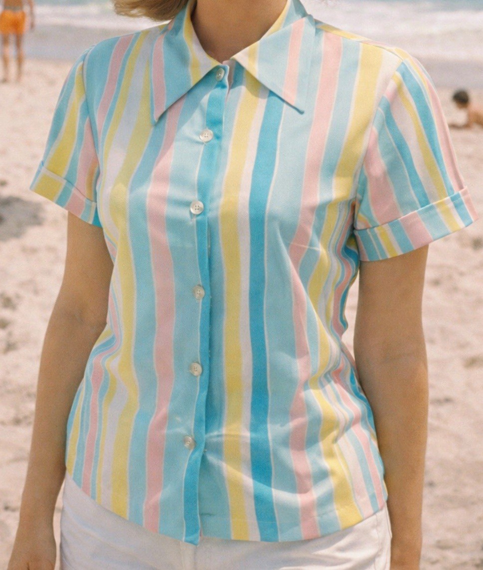 Vintage 50s 60s Button Up Collar Beach Top Vibrant Colorful Pinup Retro Pastel
