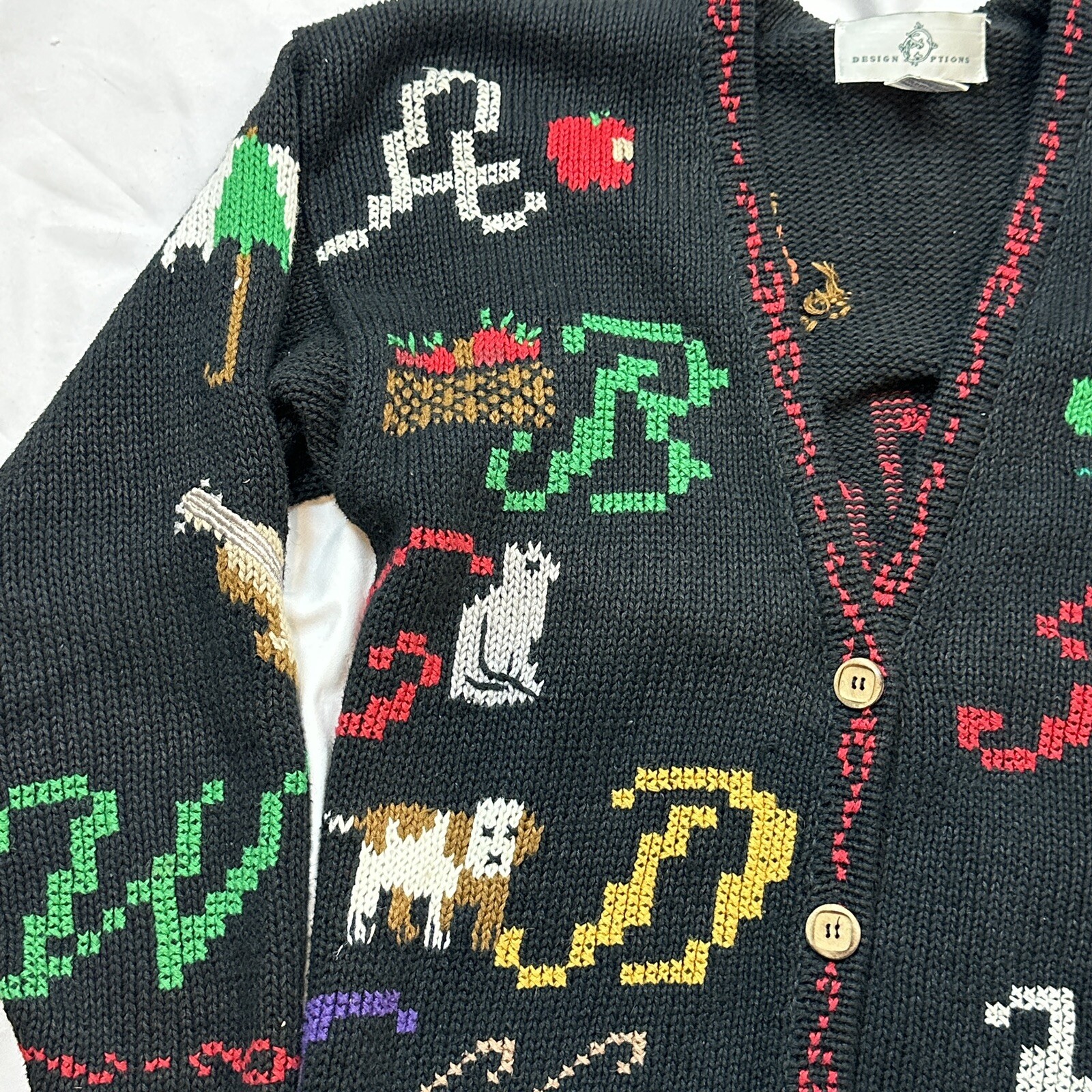 Vintage DESIGN OPTIONS Knitwear Cardigan Sweater Alphabet And Numbers Sz. Small