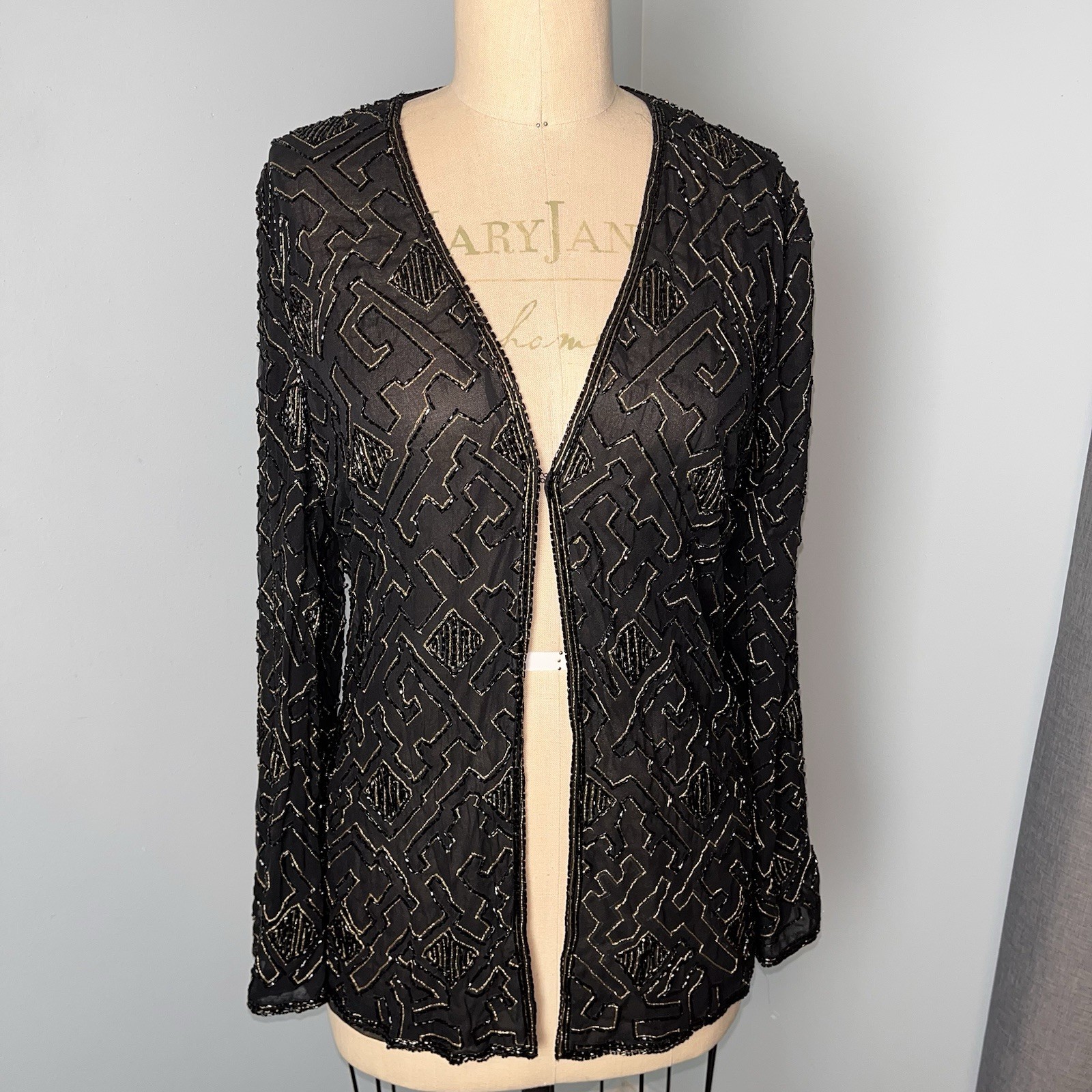 Oleg Cassini Beaded Deco Jacket Formal Large Black 100% Silk Evening Vintage