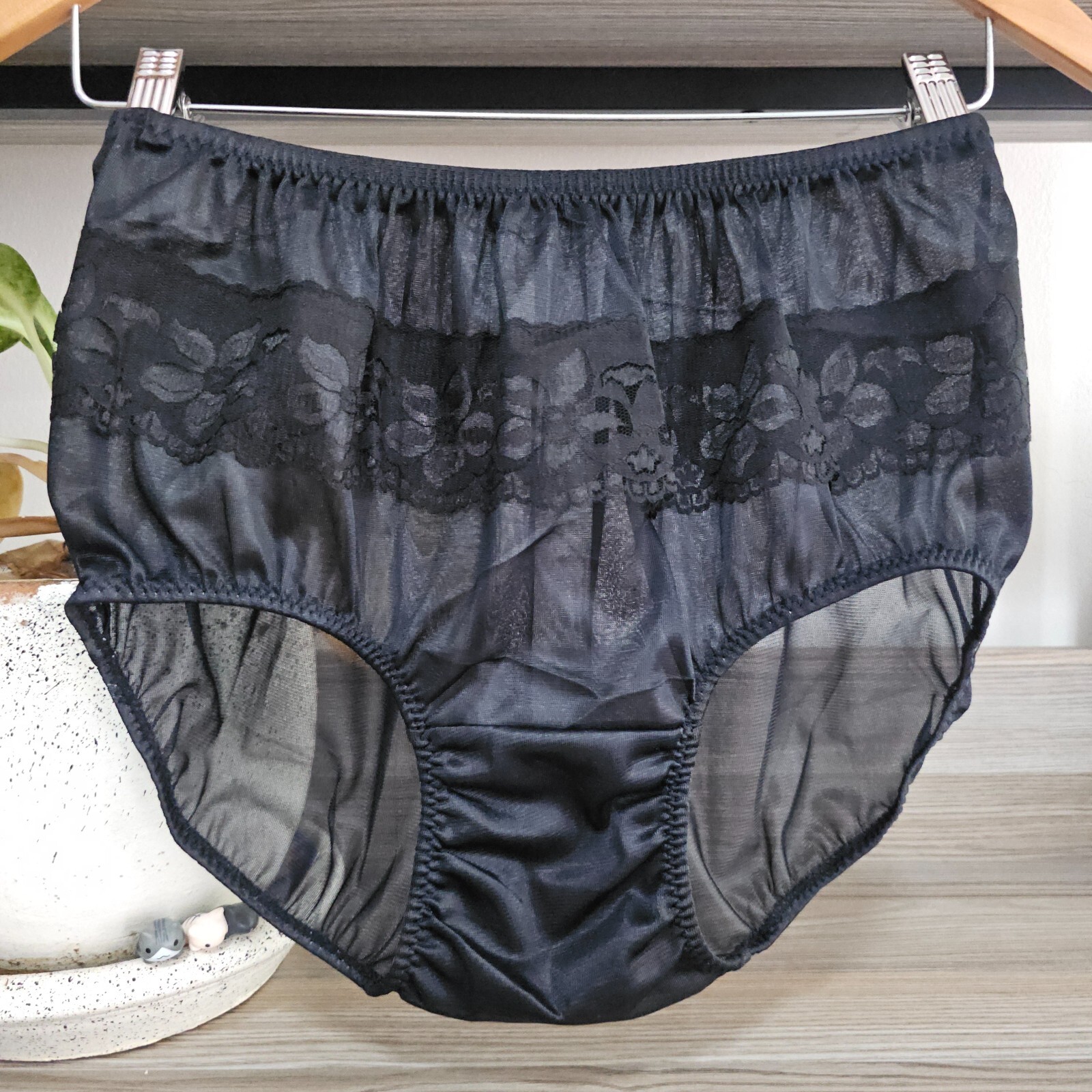 Vintage Sheer Nylon Panty Black Sissy Flower Lace Granny Brief Size 8 Hip 39-43″