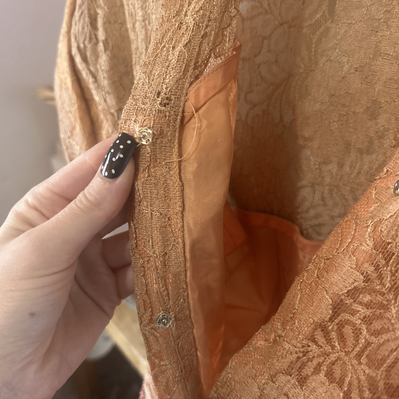 1930’s Vintage Terracotta Lace Dress w/ Collar + Button Down Size XS