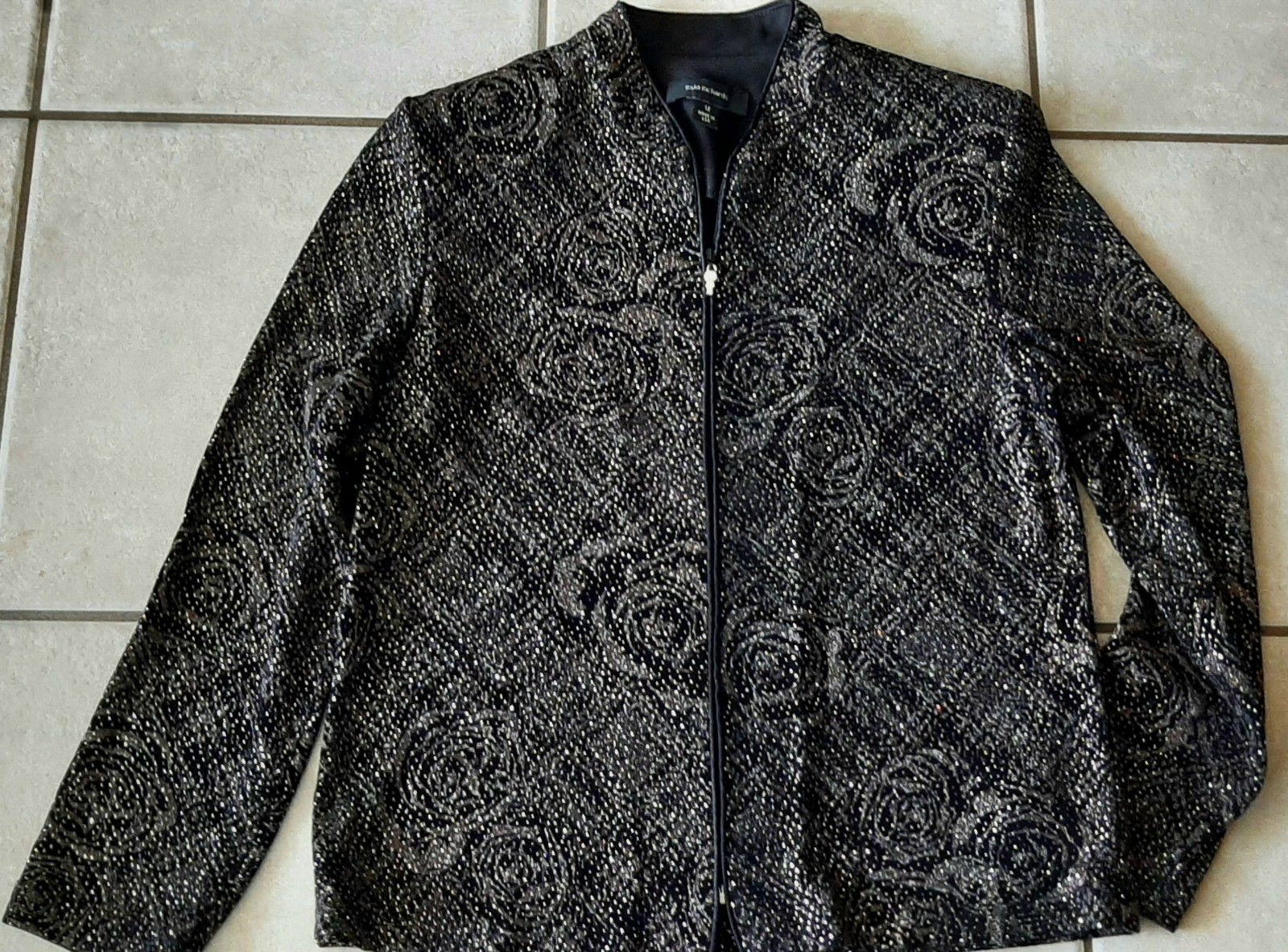 Rare Vintage R&M Richards Velvet Jacket Black Floral Glitter Made in USA Size 12
