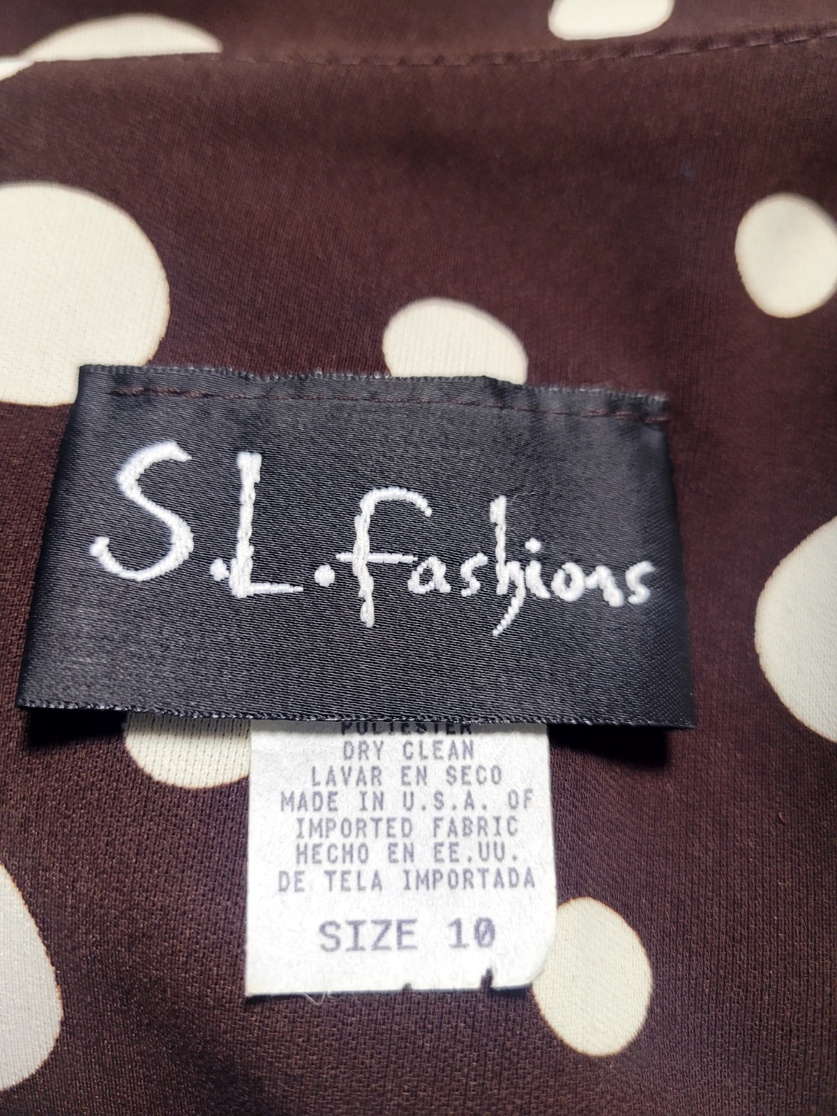 Vintage 80s 90s S.L Fashions Brown White Polka Dot Midi Maxi Dress Ruffles Vneck