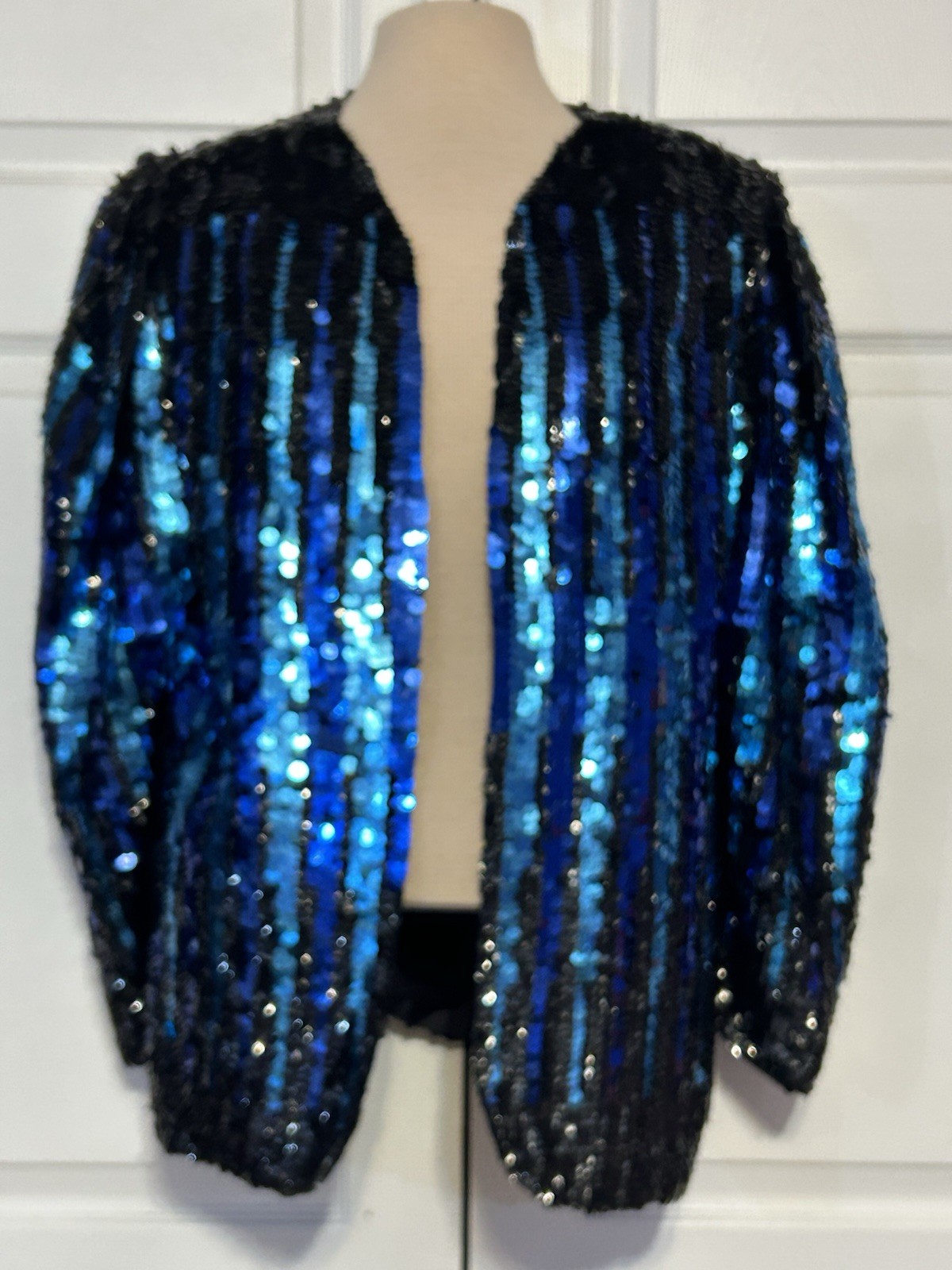 Vtg Multicolor Blue Sequin Open Jacket Shiny Disco Glam Rock Statement Formal