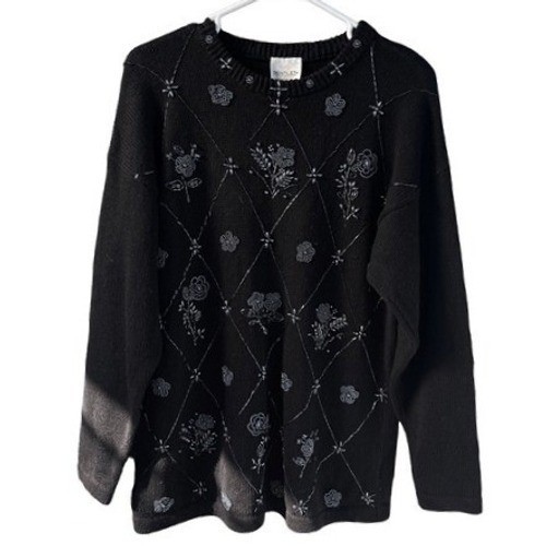 B4 TR Bentley Sweater Old Money M Black Ramie Cotton Beaded Floral Vintage 90s