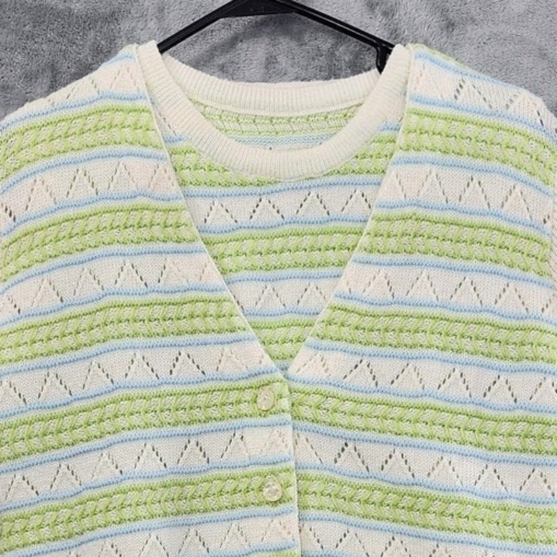Vintage Sweater Womens XS Cream Green Blue Striped Pointelle Cardigan Twin Set