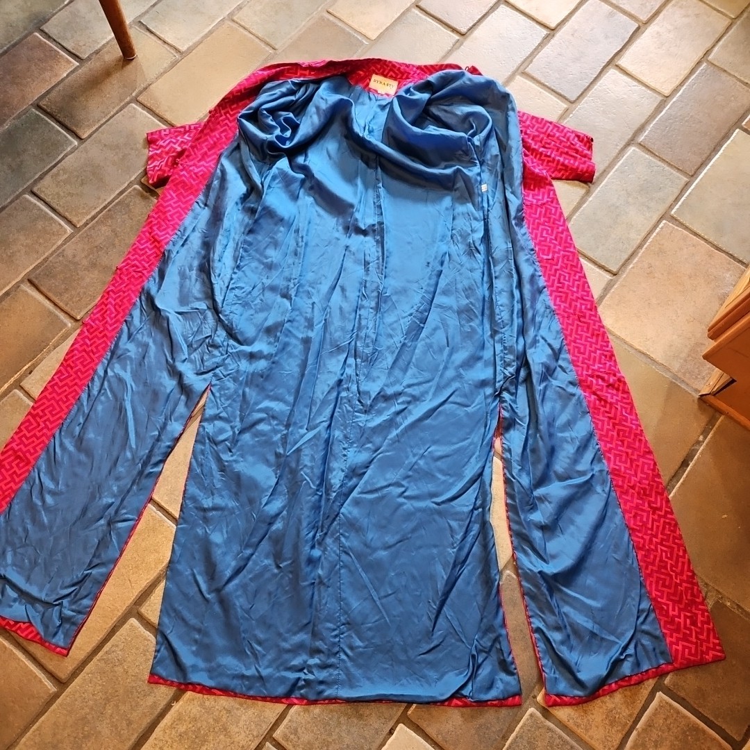 Vtg 40s/50s Dynasty Red/Pink Greek Key Blue Asian Robe Slit Sides Silk/Rayon S/M