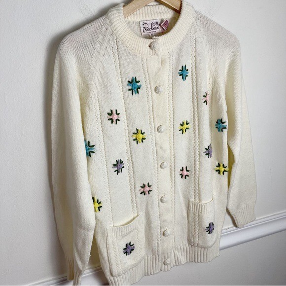 Vintage Rochelle California Embroidered Flower Cottagecore Cardigan 60’s Size S