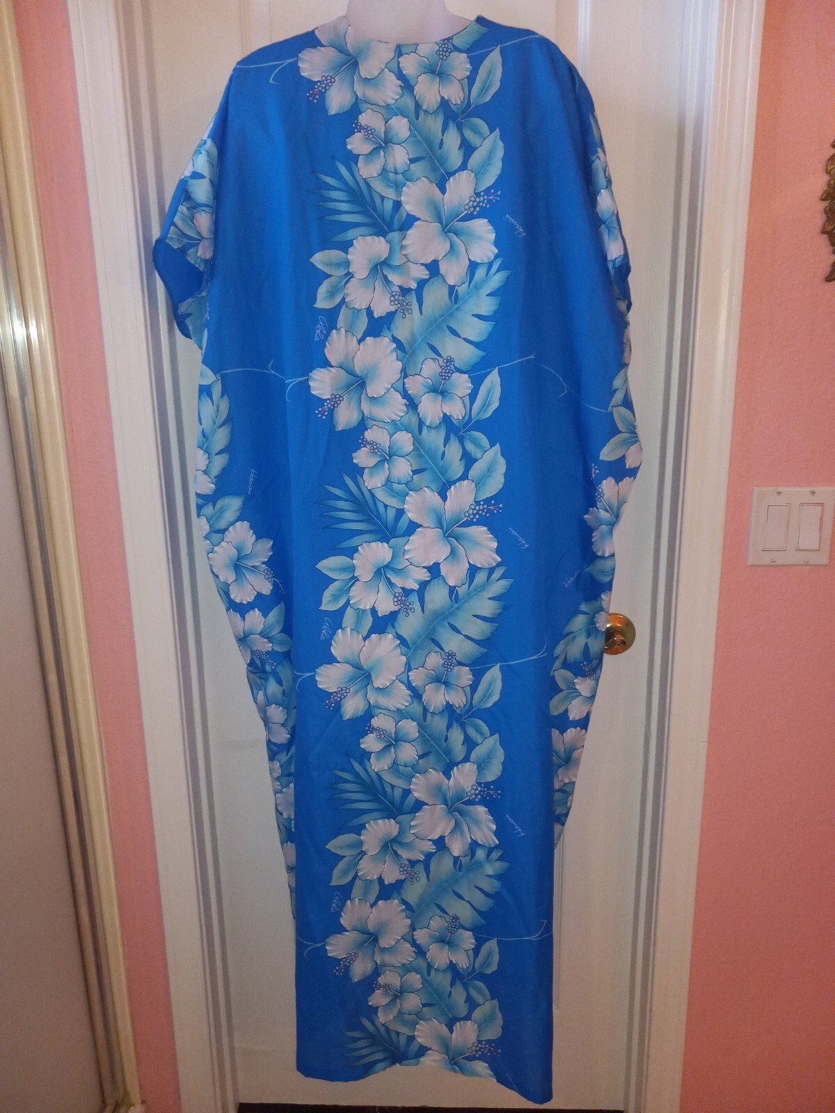 Vintage 80s Kalena Hawaiian Blue Hibiscus Floral Caftan Muumuu Dress Tiki Oasis