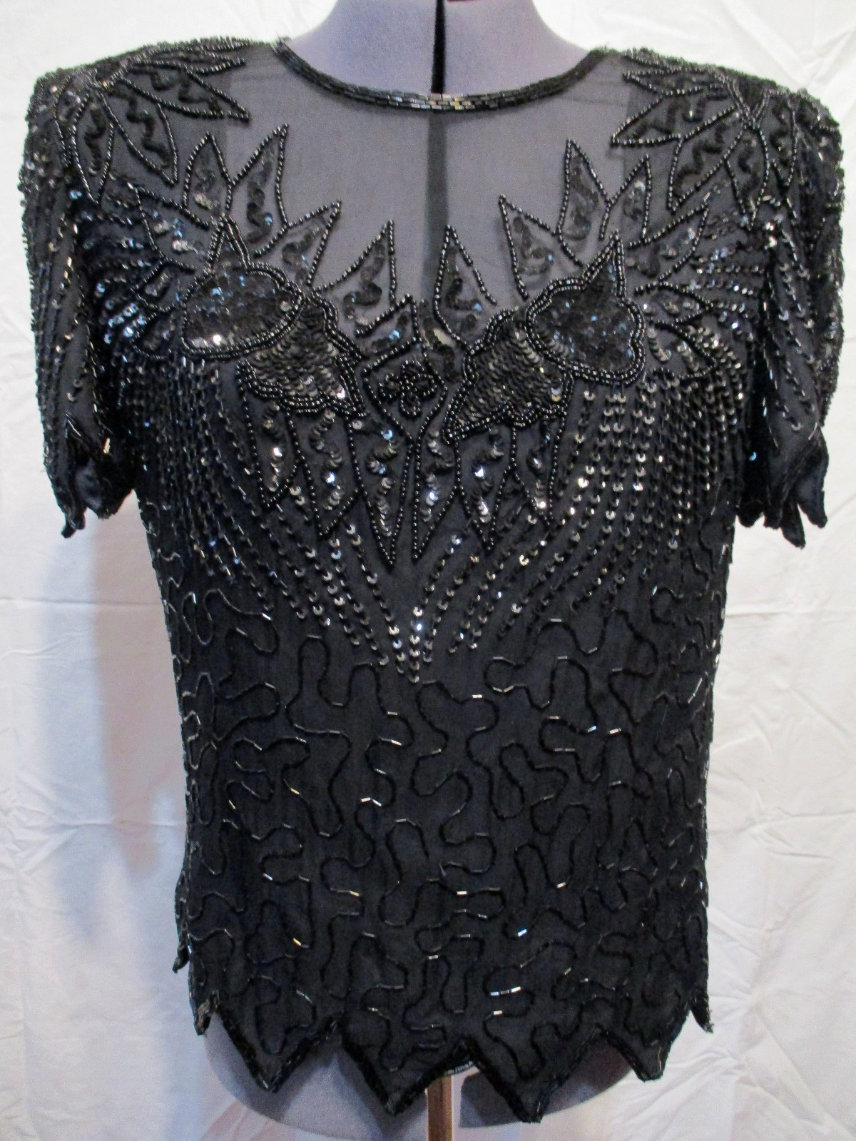 VTG 90’s Laurence Kazar Sz Large Black Beaded Silk Top Short Sleeve -Glamorous