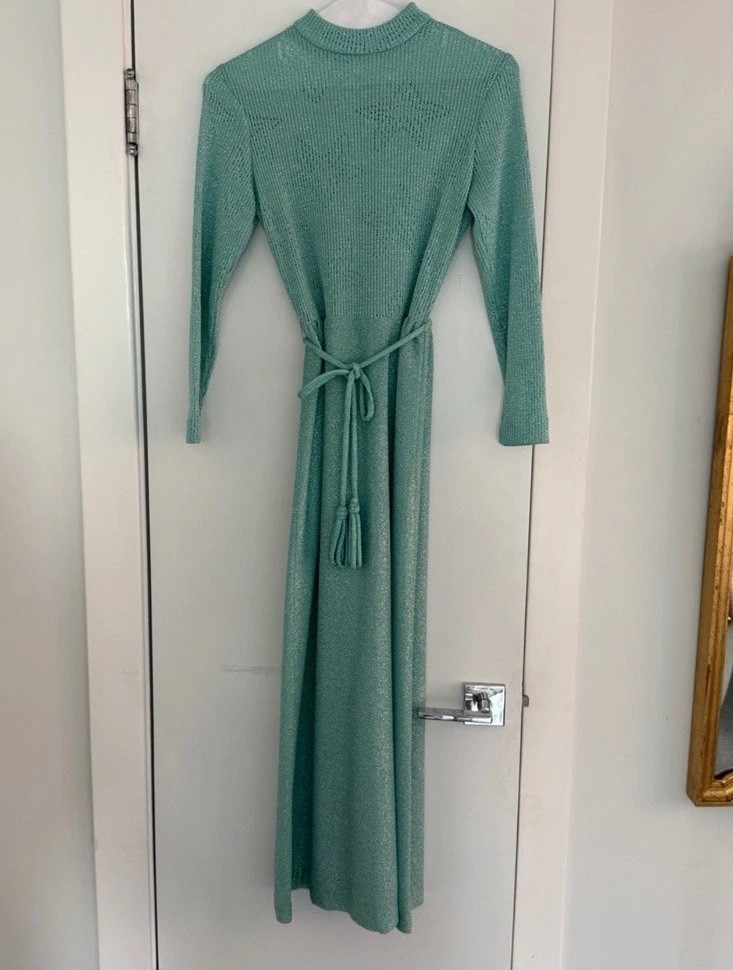 Vintage 1960s Bleeker Street Turquoise Tie Waist Sparkly Knit Maxi Dress Size XS