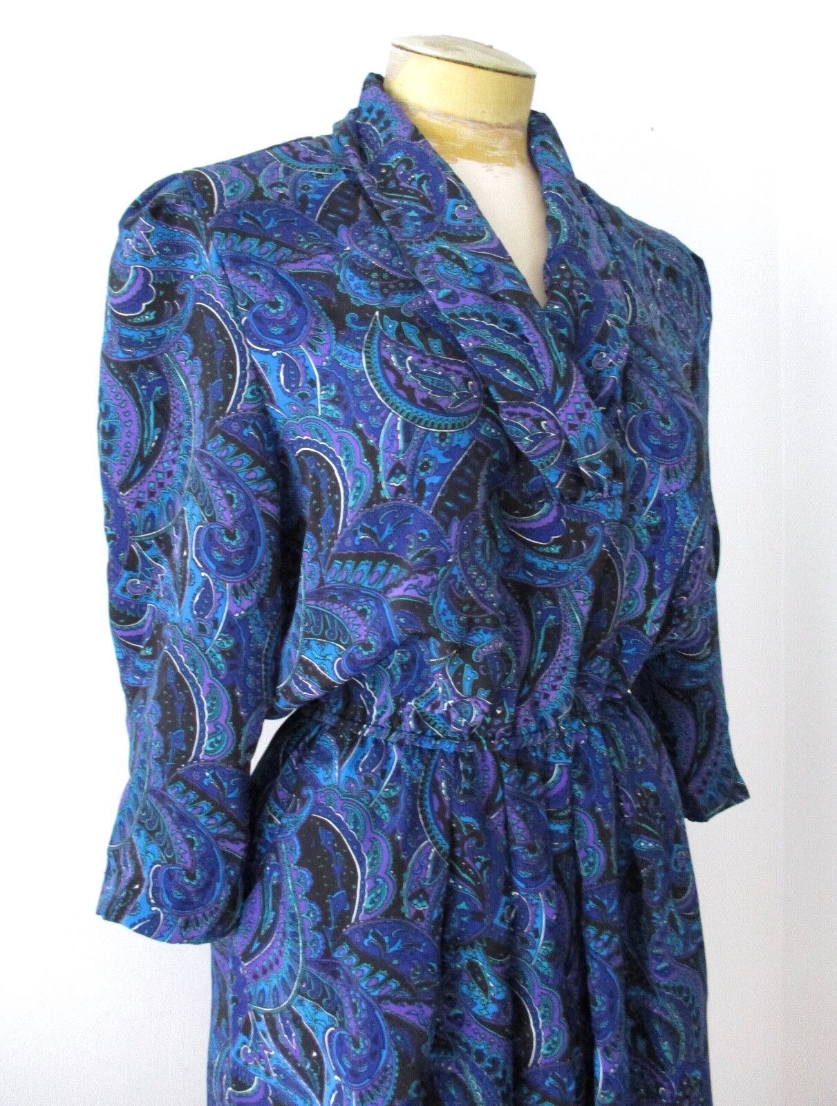 Vtg 80s purple blue paisley silky poly secretary dress pockets elastic waist PM