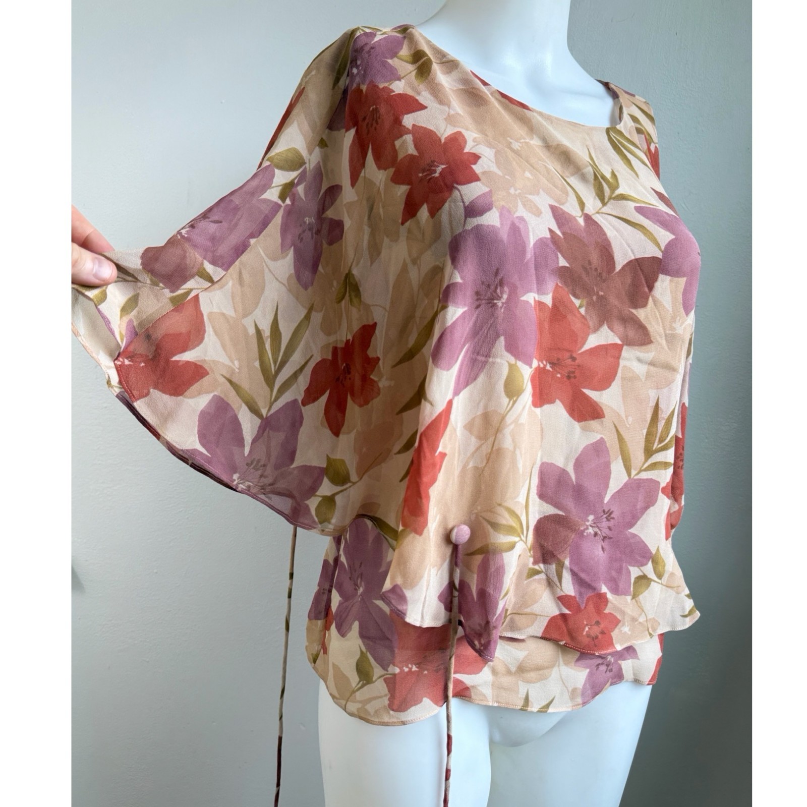 Vintage 100% Silk Floral Skirt Top Set Size XS/Small 6 Two Piece Outfit Batwing