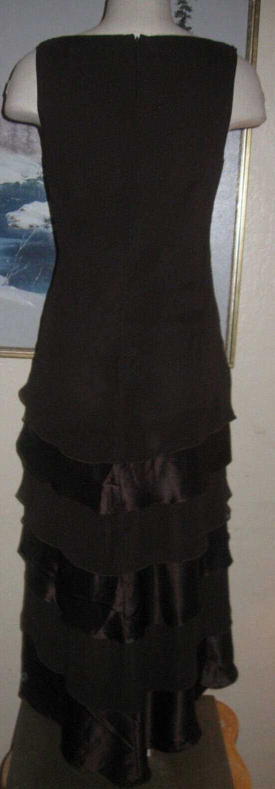 Tadashi Silk Cocktail dress Mocha mermaid hem ruffles Rhinestone Brooch wispy 6