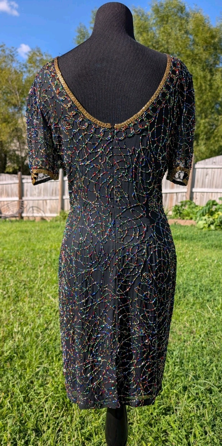 VINTAGE NITELINE SILK BEADED BLACK KNEE LENGTH DRESS COCKTAIL EVENING SIZE 6