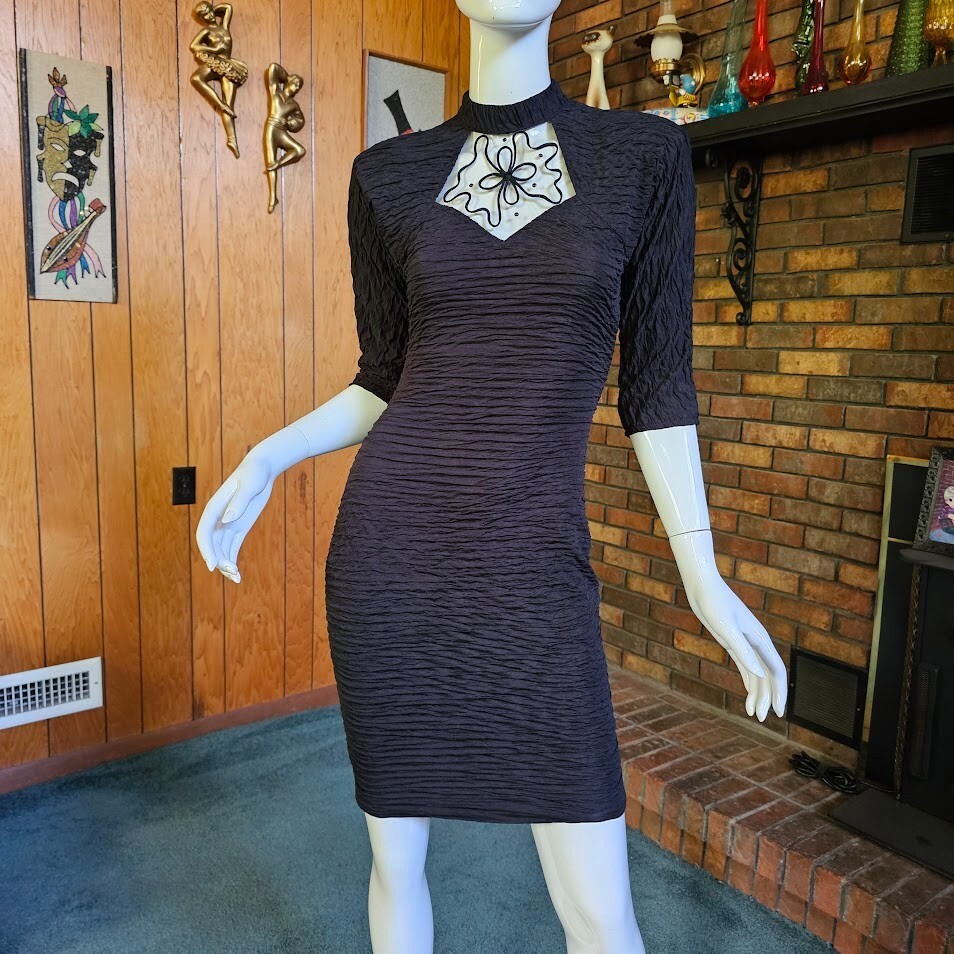 Vtg 80s Goth Punk Fishnet Spiderweb Coffin Crinkle Backless Cocktail Dress XS/S