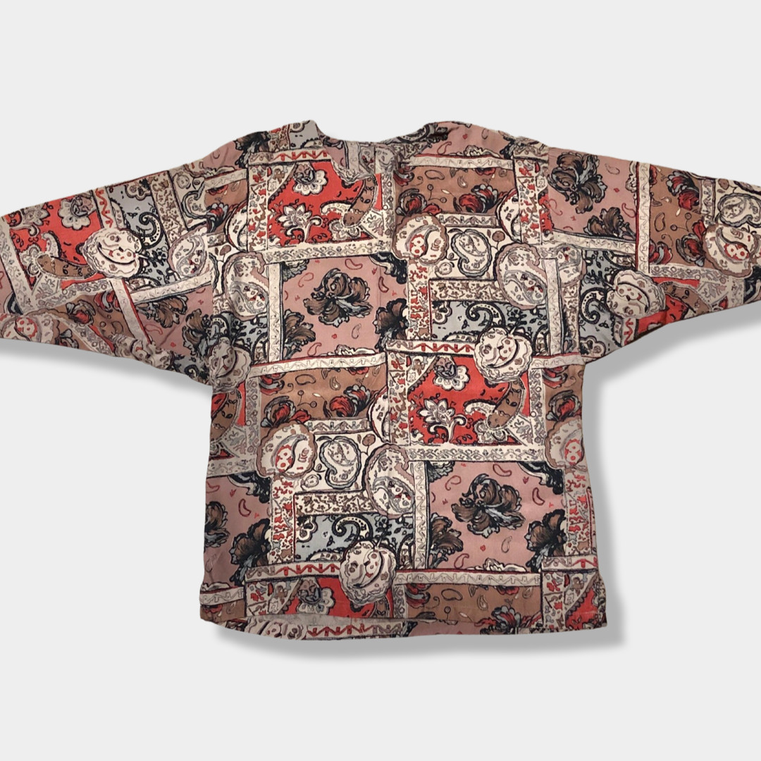 Vtg Paisley Persian Rug Print Batwing Dolman Sleeve Oversize Shirt Blouse Top S