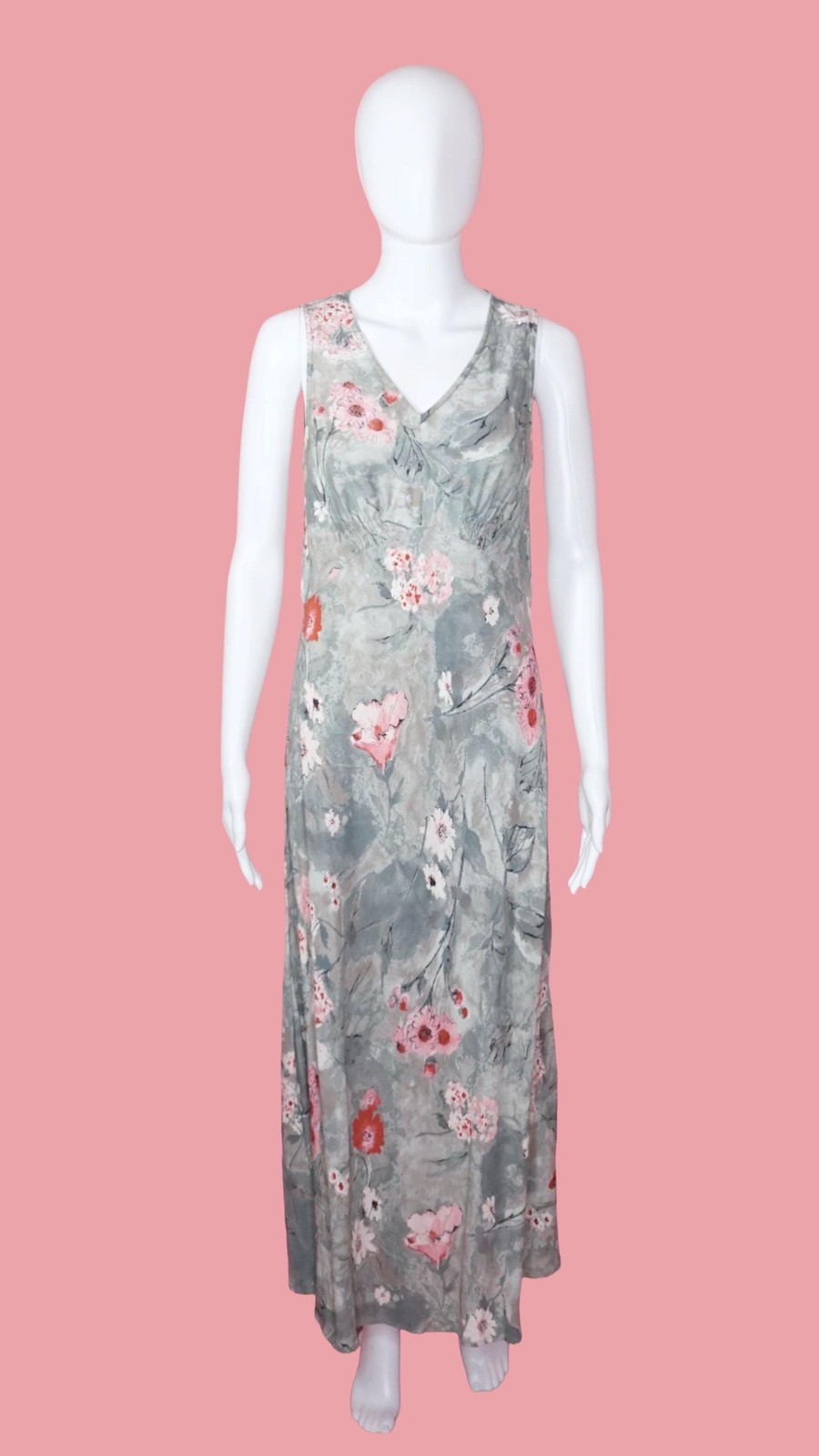 1990s-Y2K CAROLE LITTLE Ink & Watercolor Floral Print V Neck Maxi Slip Dress. SM