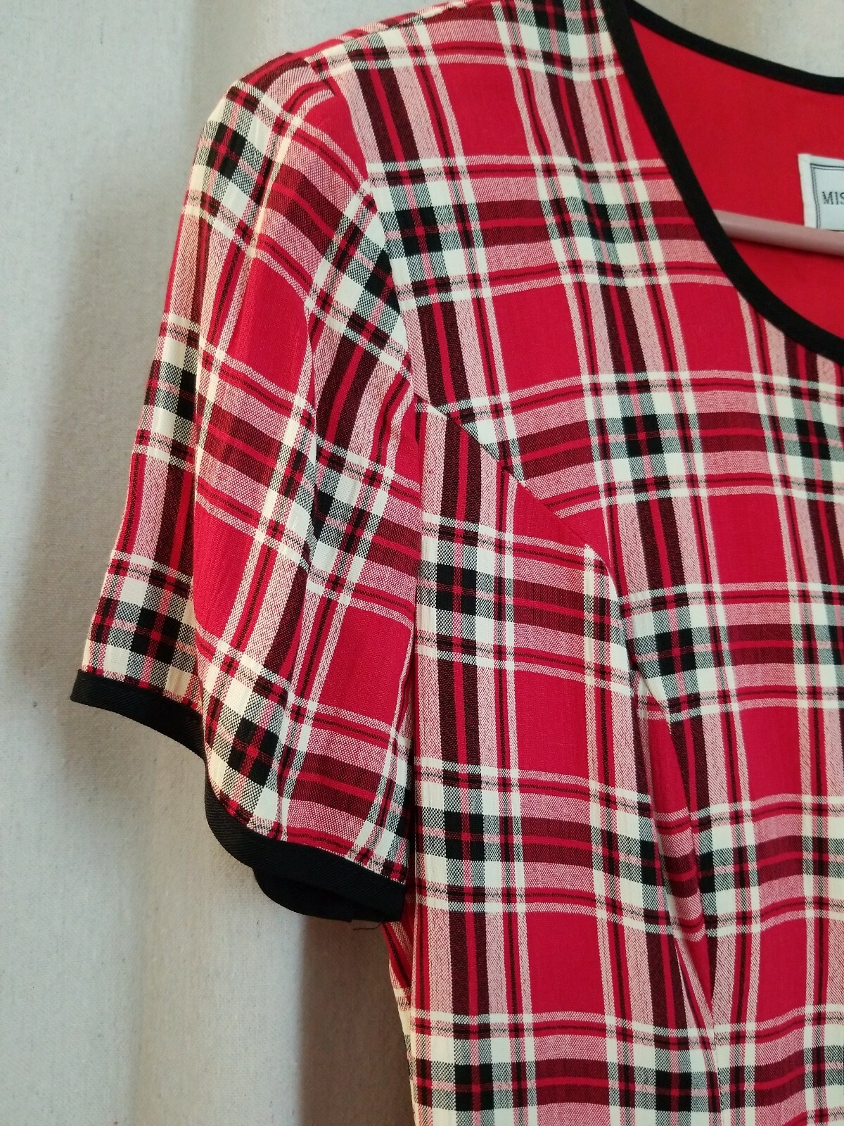 MISTY LANE ILGWU Union Label Red Black White PLAID Midi DRESSS Vtg 80s Sz 4