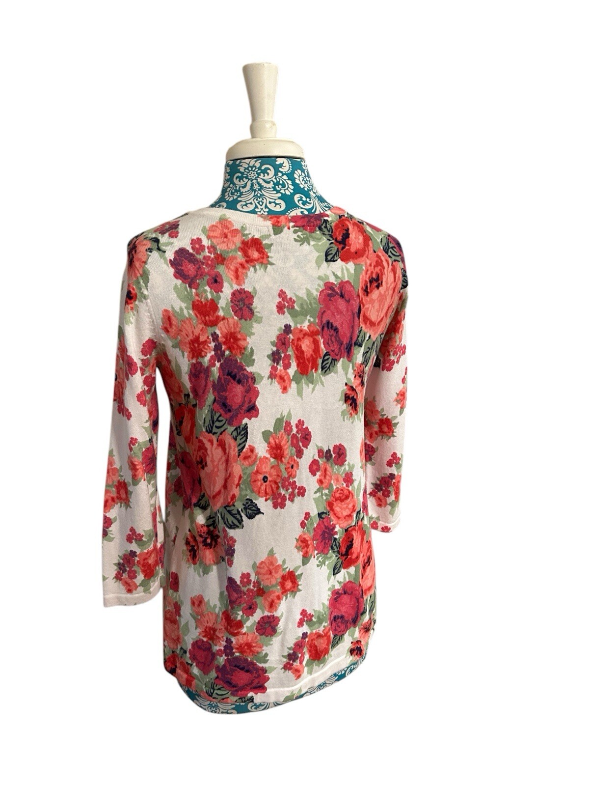 Vintage Laura Scott Floral Pink & Aqua Roses Cardigan Sweater Cottagecore Shabby