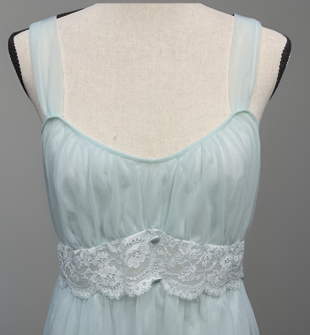 VTG Lisette Lingerie Blue Lace Chiffon 2 Layer Nightgown Sz 32/S Hollywood Glam