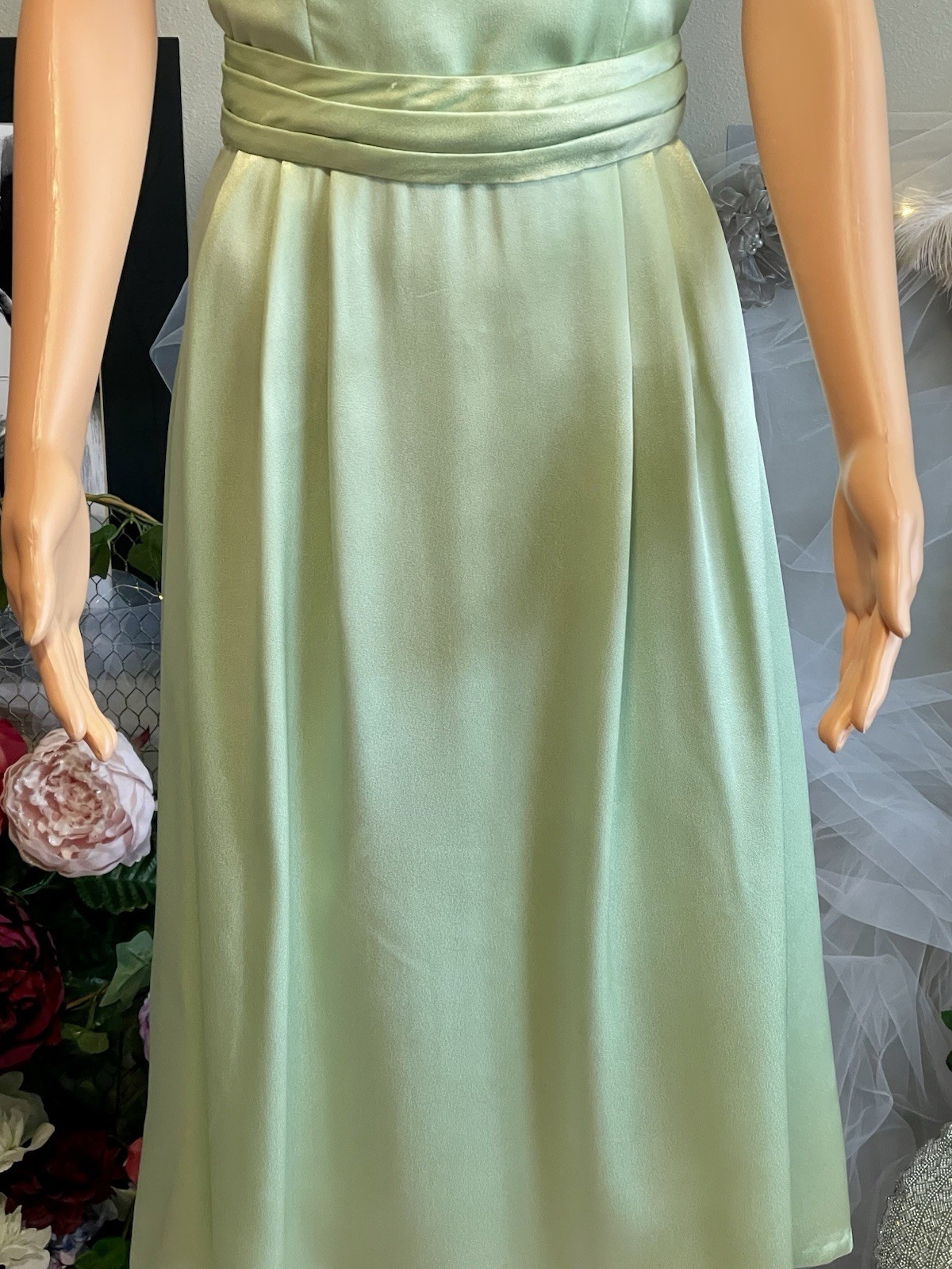 Vintage Satin Light Green Tea-Length Dress | Handmade | Removable Belt