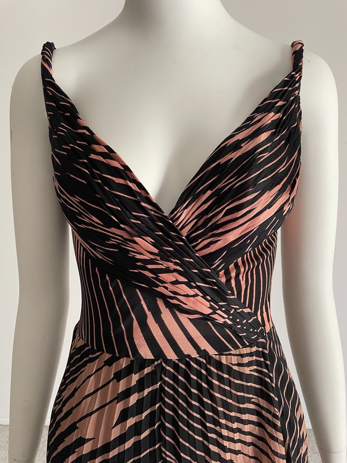 Vintage S/S 2000 Gianni Versace Pleated Black Orange Plunge V Dress Bodysuit XS