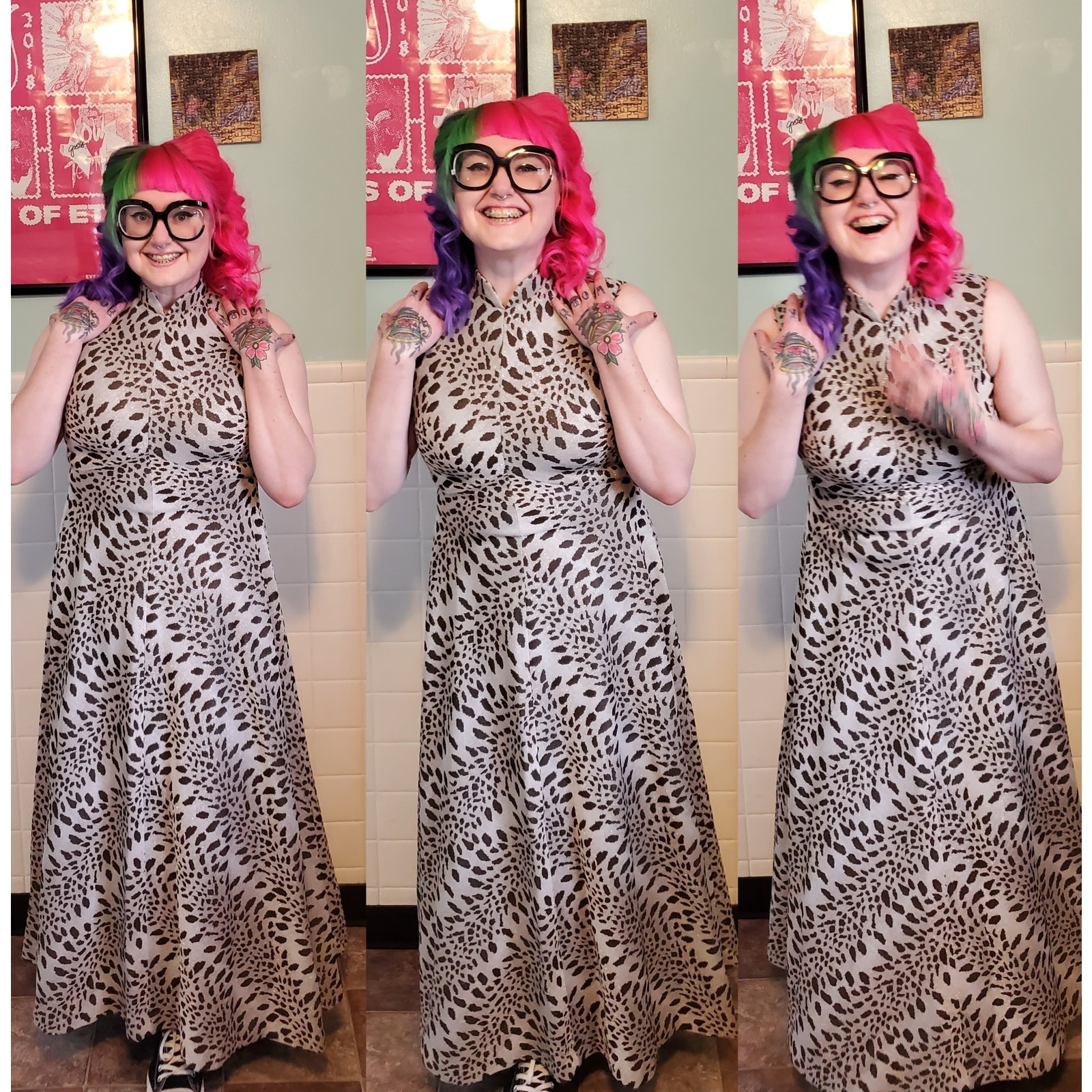 Vintage 70’s 80’s Gray Brown Cheetah Leopard Print Pattern Maxi Dress Gown
