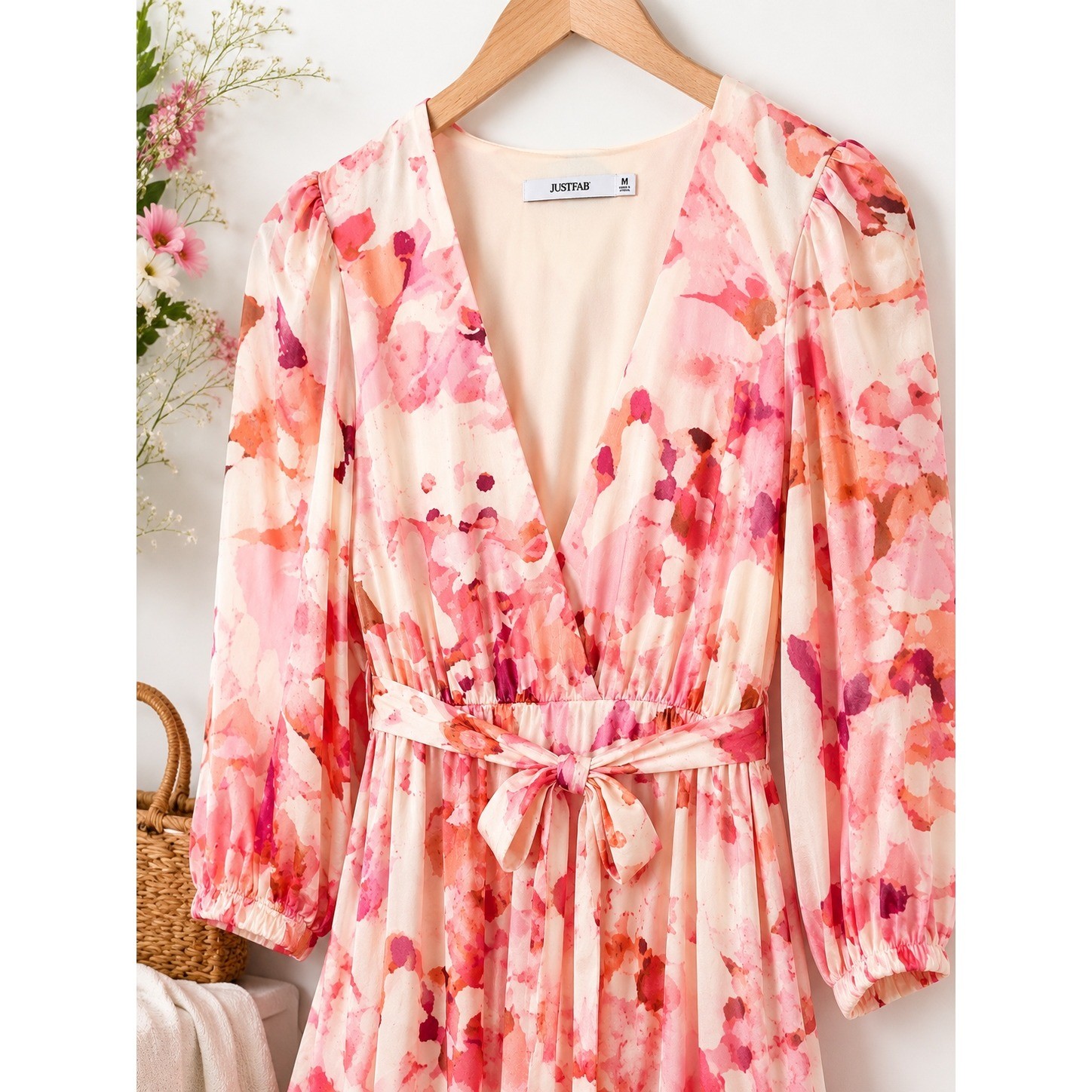NWT Floral Midi Dress Pink Cream Romantic Cottagecore Tie Waist Size M