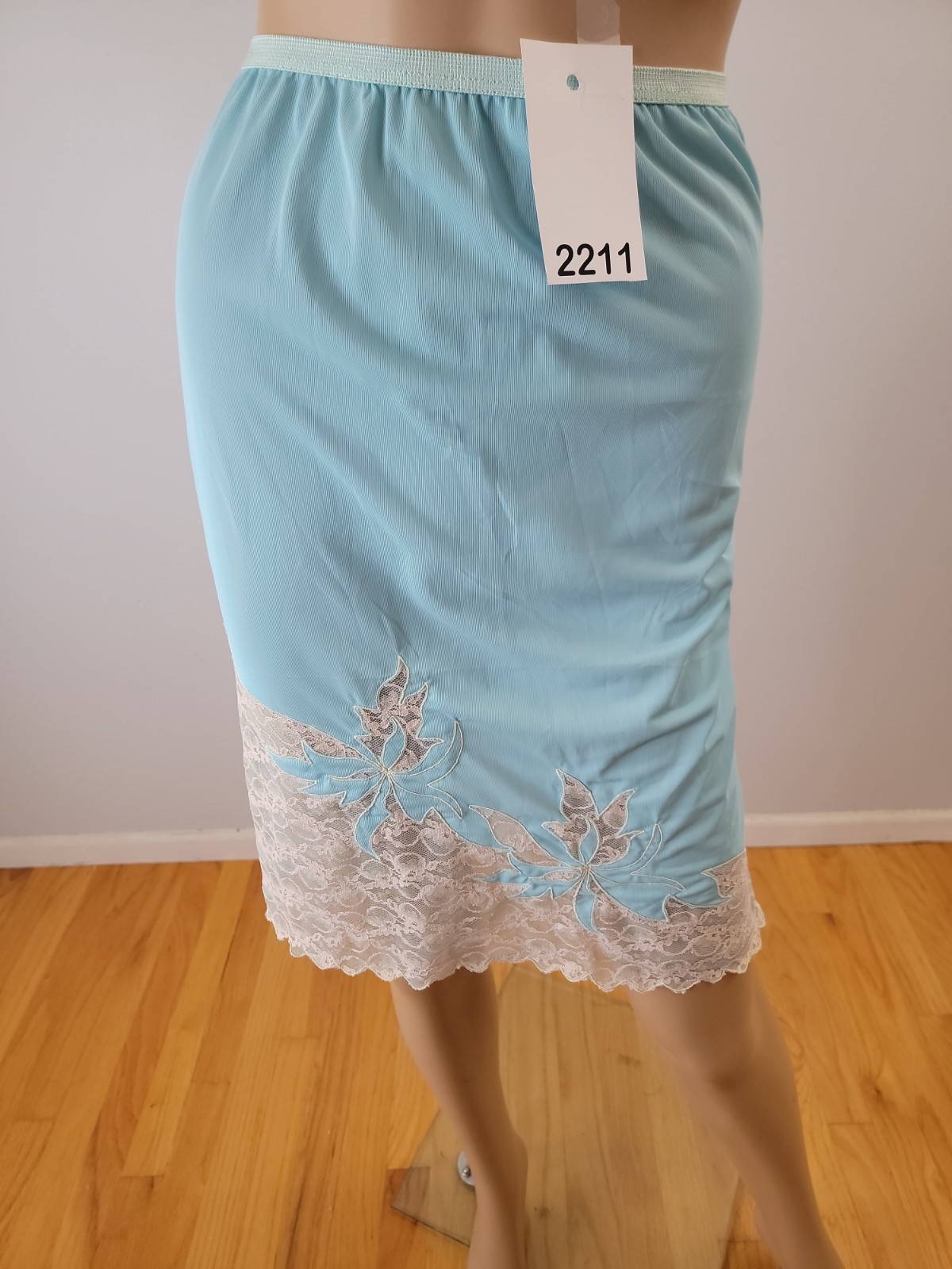 Vintage Movie Star Tricot Nylon PTB Lt Turqouise Half Slip White Lace Detail SM