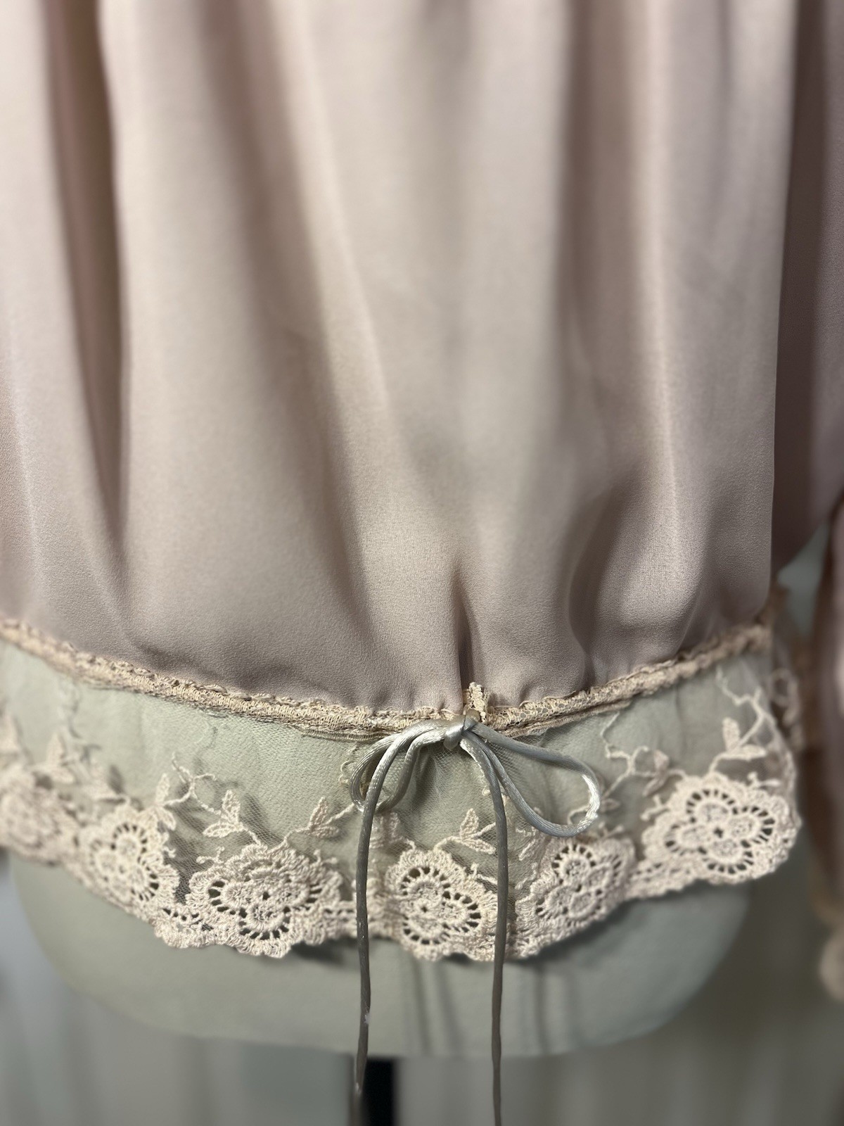 Victorian Chiffon Net Lace Blouse Sand Beige High Neck S/M
